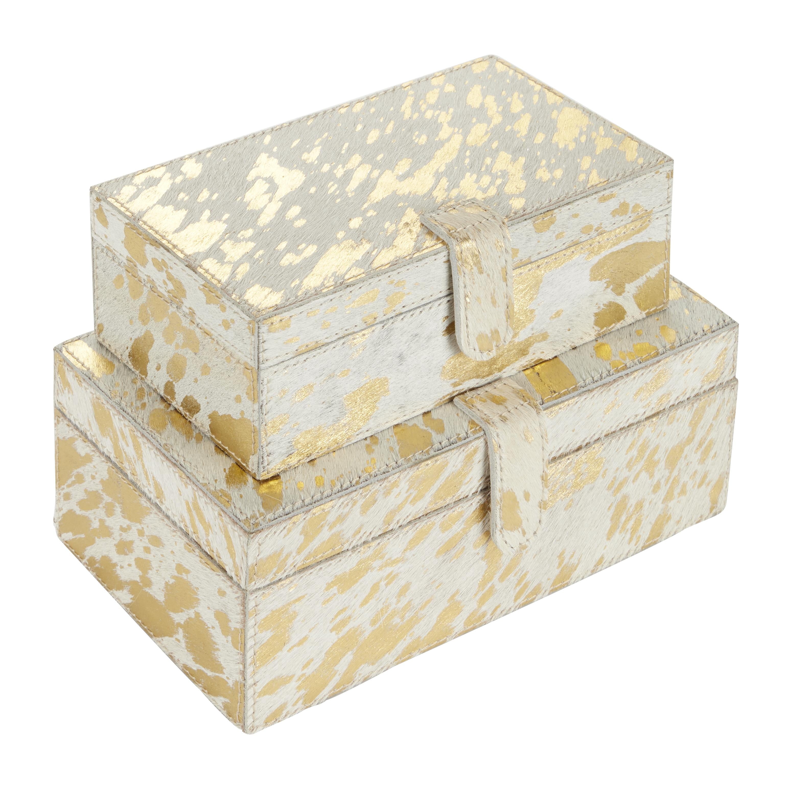 Set of 2 Leather Handmade Decorative Box with Snap Front Closure and Detailed Stitching