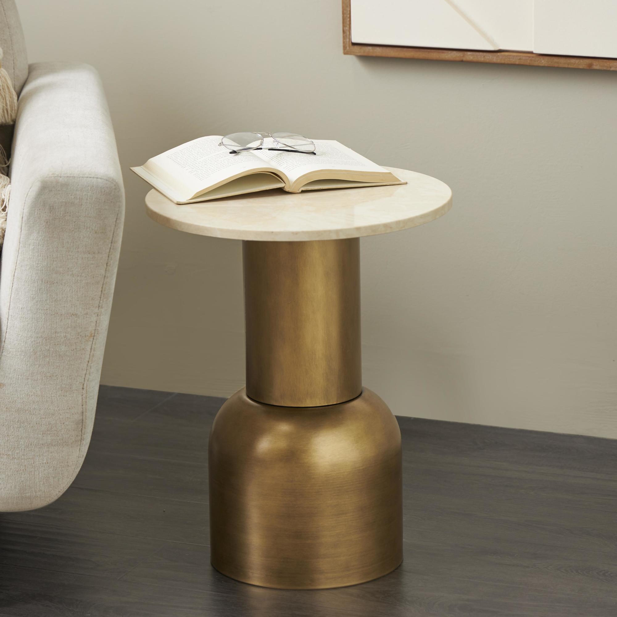 Gold Metal Pedestal Side End Accent Table with Cream Marble Tabletop