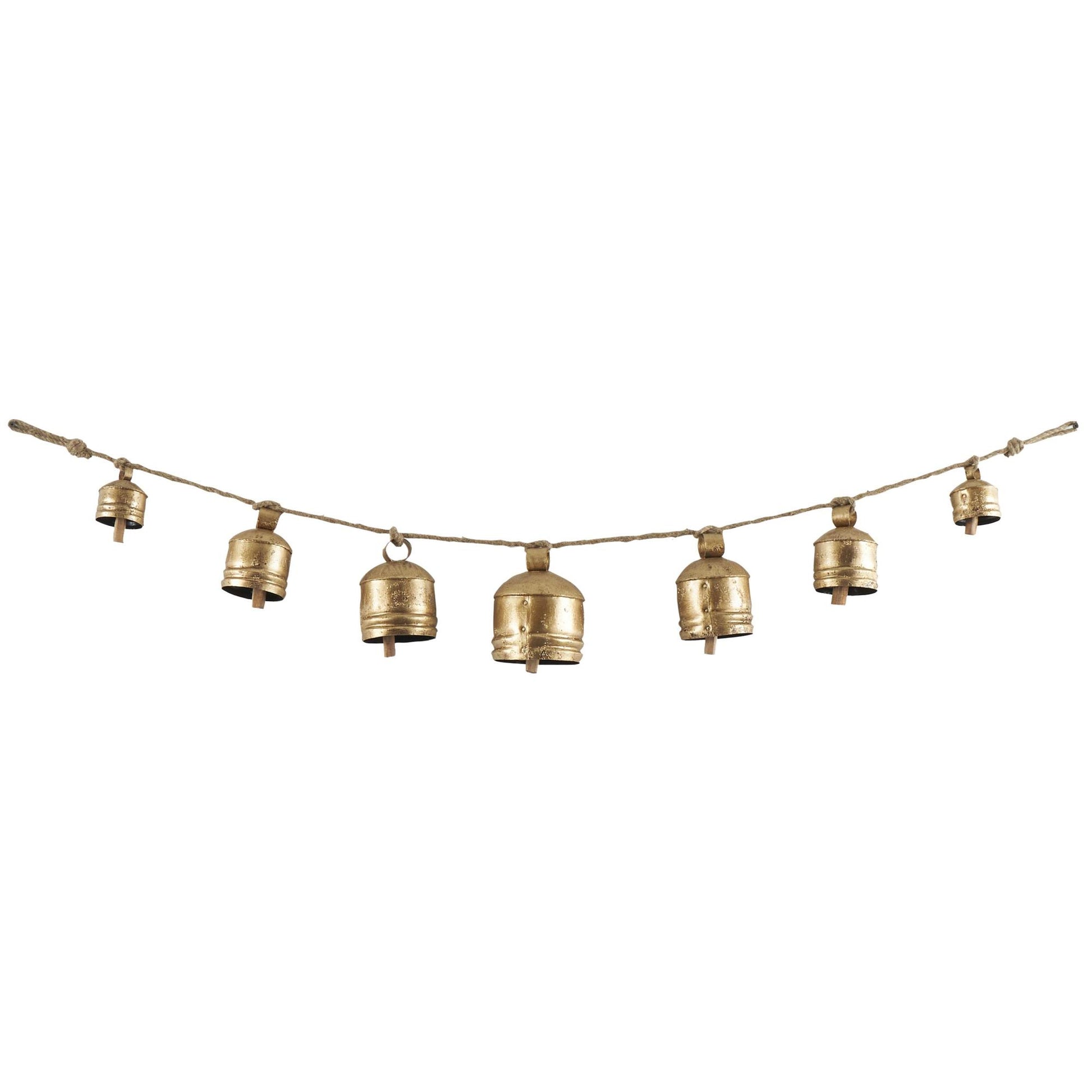 Gold Metal Tibetan Inspired String Hanging Indoor Outdoor Decorative Cow Bells with 6 Bells on Jute Hanging Rope