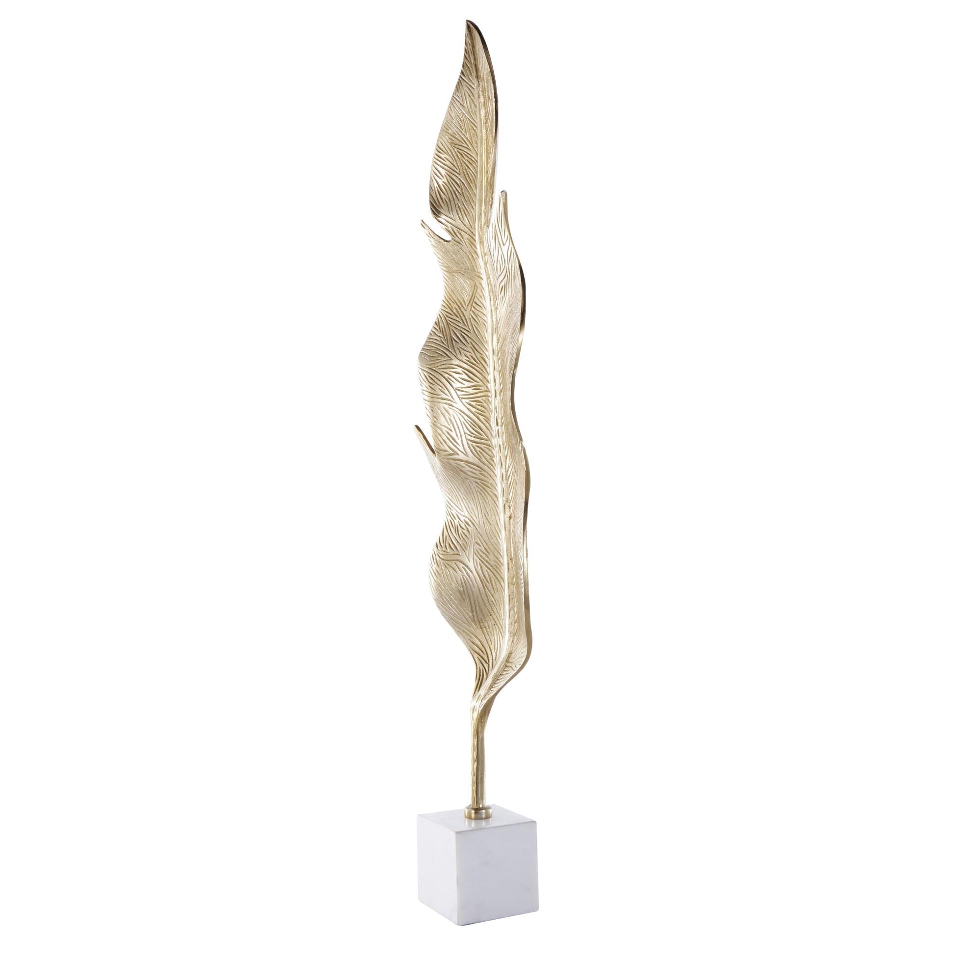 Leaf Gold Aluminum Metal Tall Textured Decorative Sculpture with White Marble Base