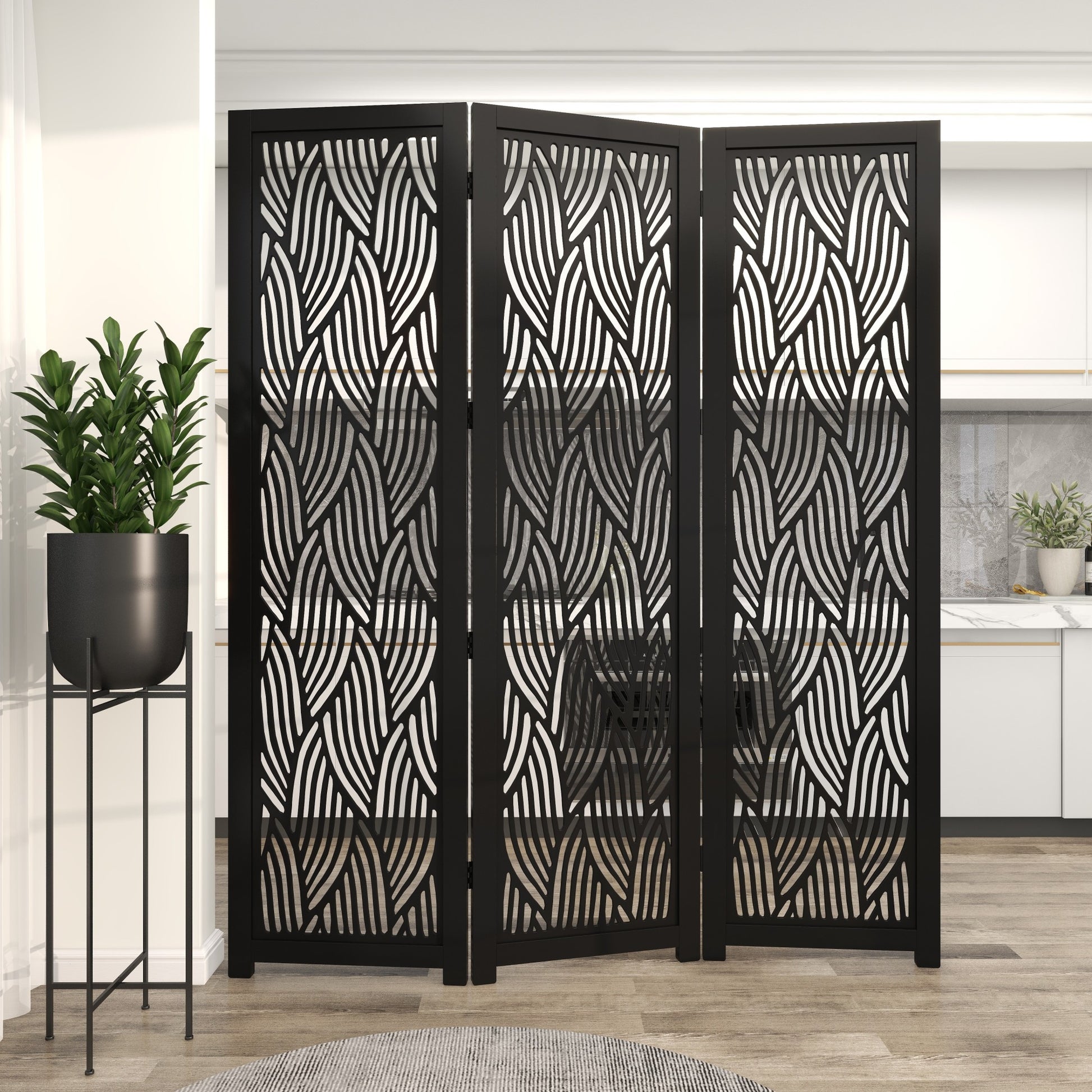 Abstract Black Mango Wood Wavy Cutout 3 Panel Partition Room Divider Screen