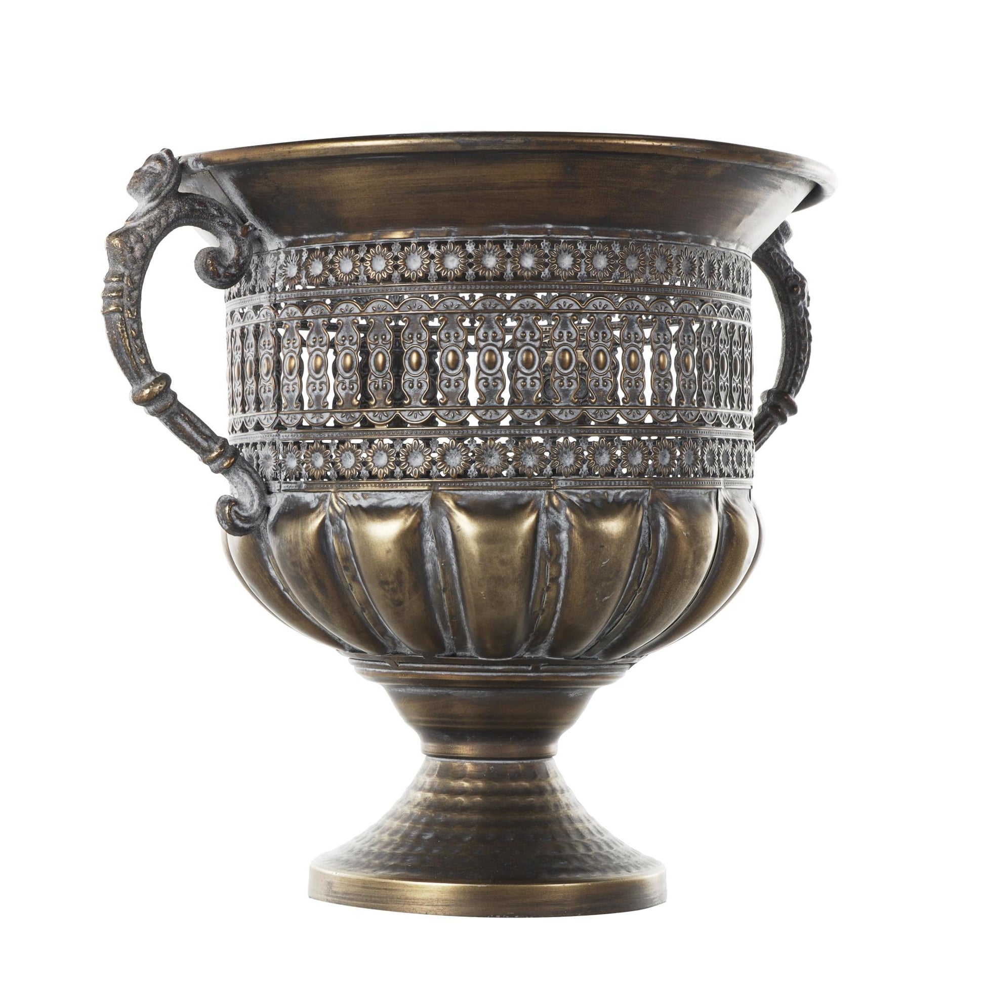 Scroll Bronze Metal Urn Shaped Decorative Vase with Cut Outs