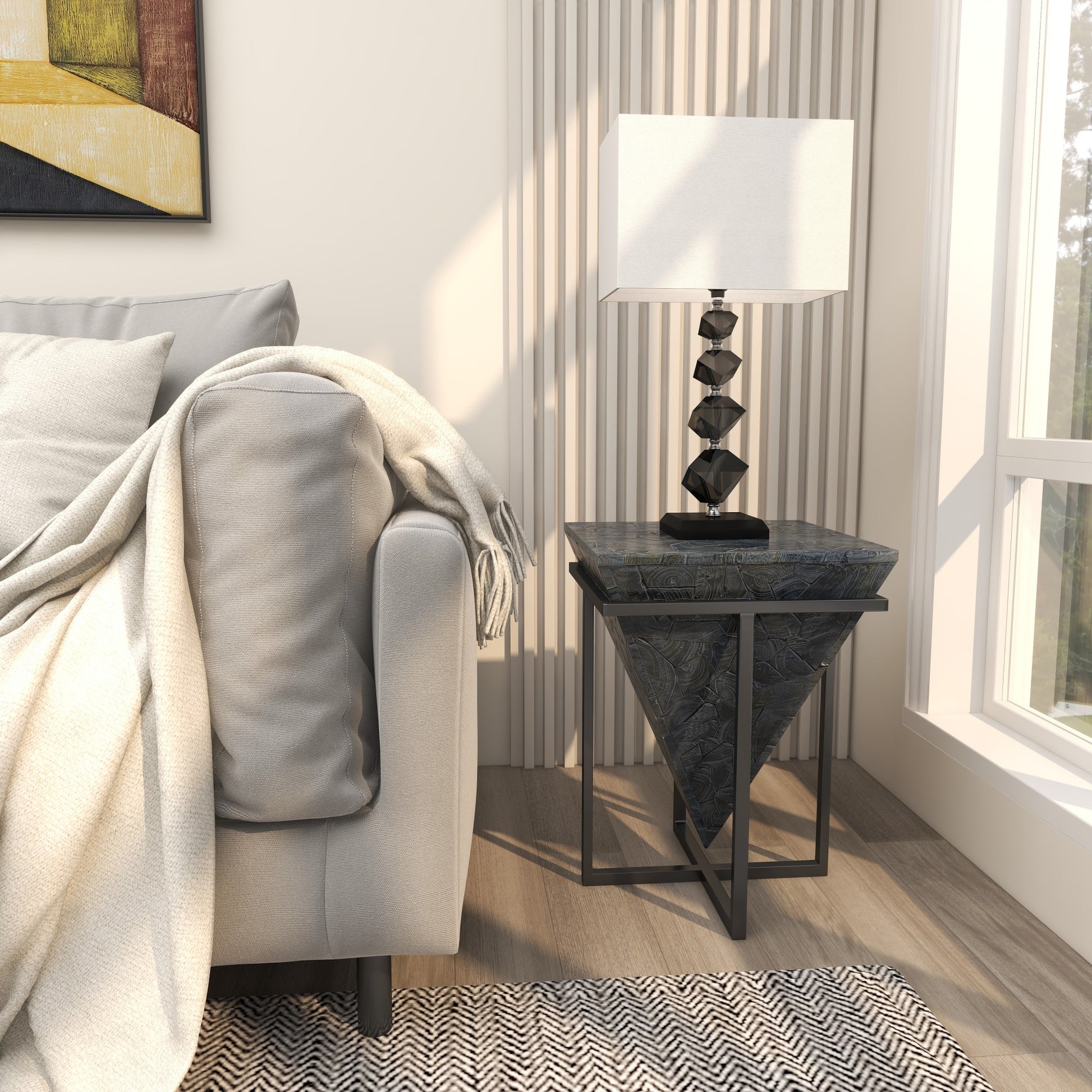 Geometric Teak Wood Handmade Inverted Pyramid Side End Accent Table with Black Metal Base 17" x 17" x 22"