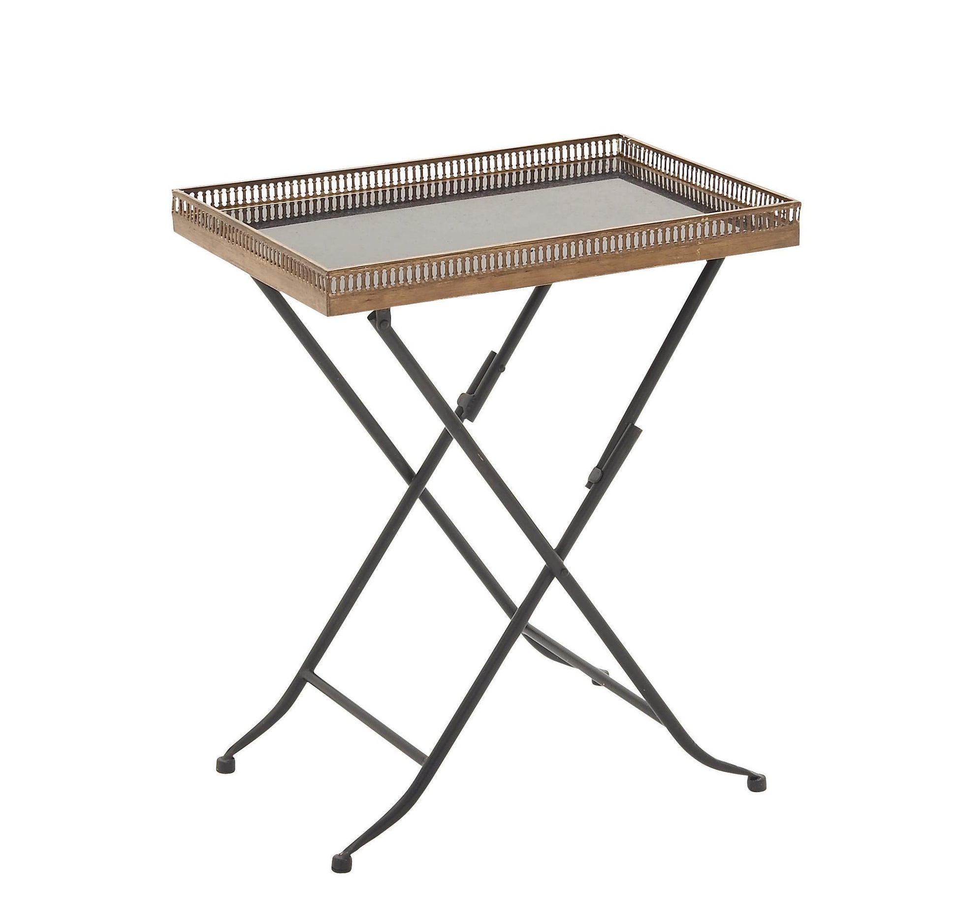 Brass Metal Side End Accent Table with Black Marble Tray Top and Metal Folding Legs