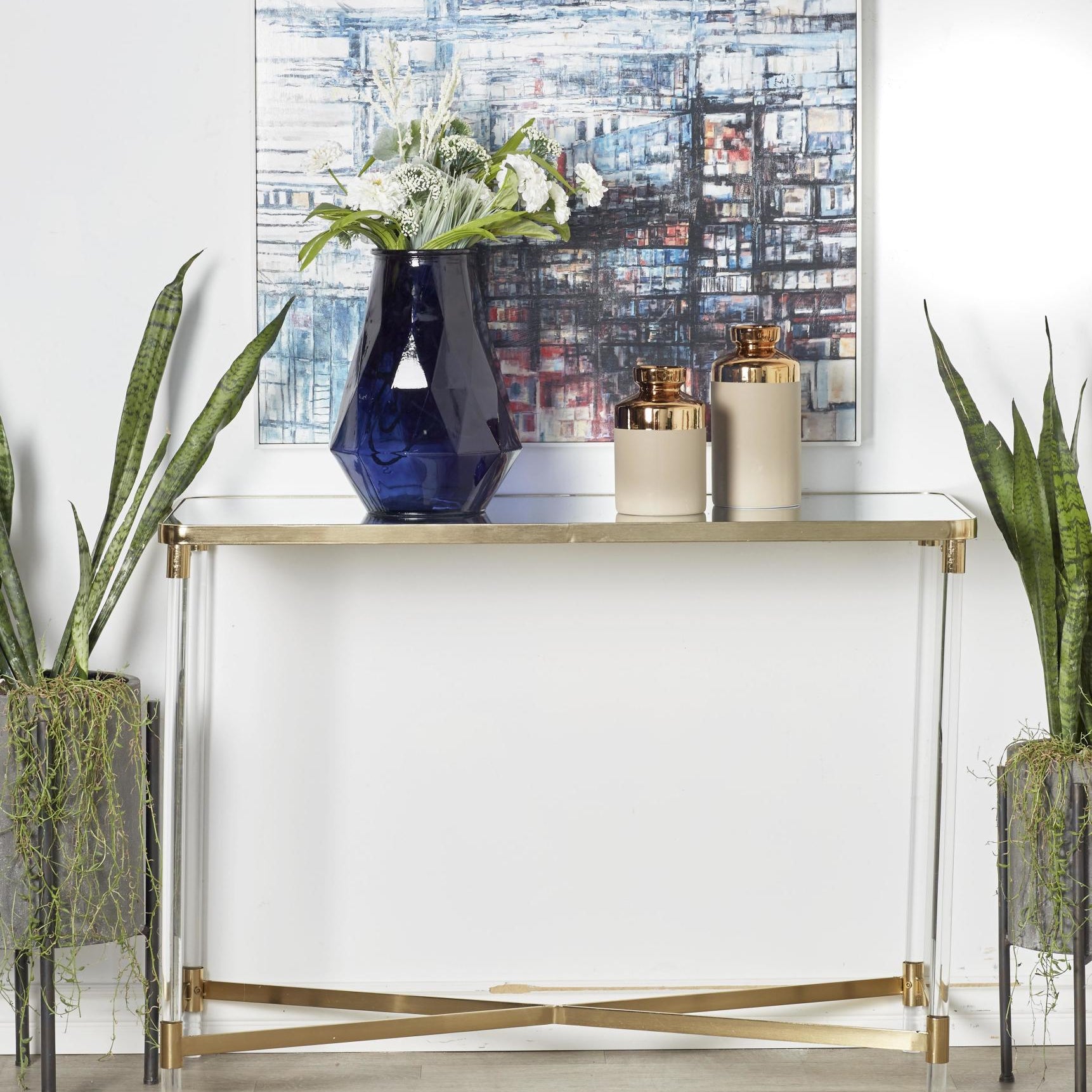 Metal Living Room Console Table with Mirrored Top and Acrylic Legs 44" x 19" x 32"