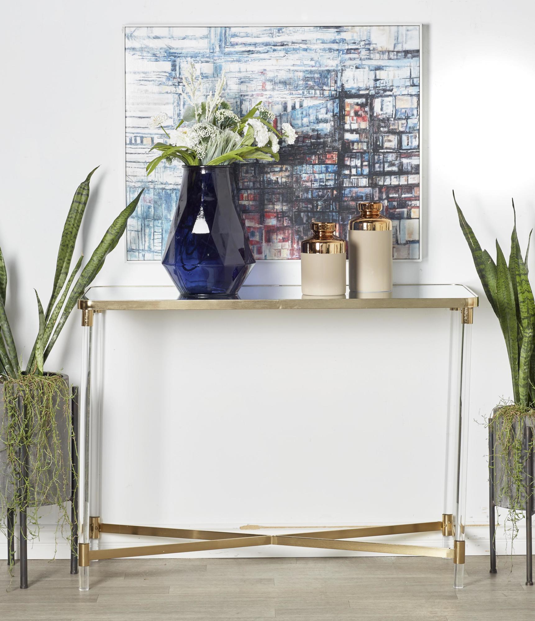Metal Living Room Console Table with Mirrored Top and Acrylic Legs 44" x 19" x 32"