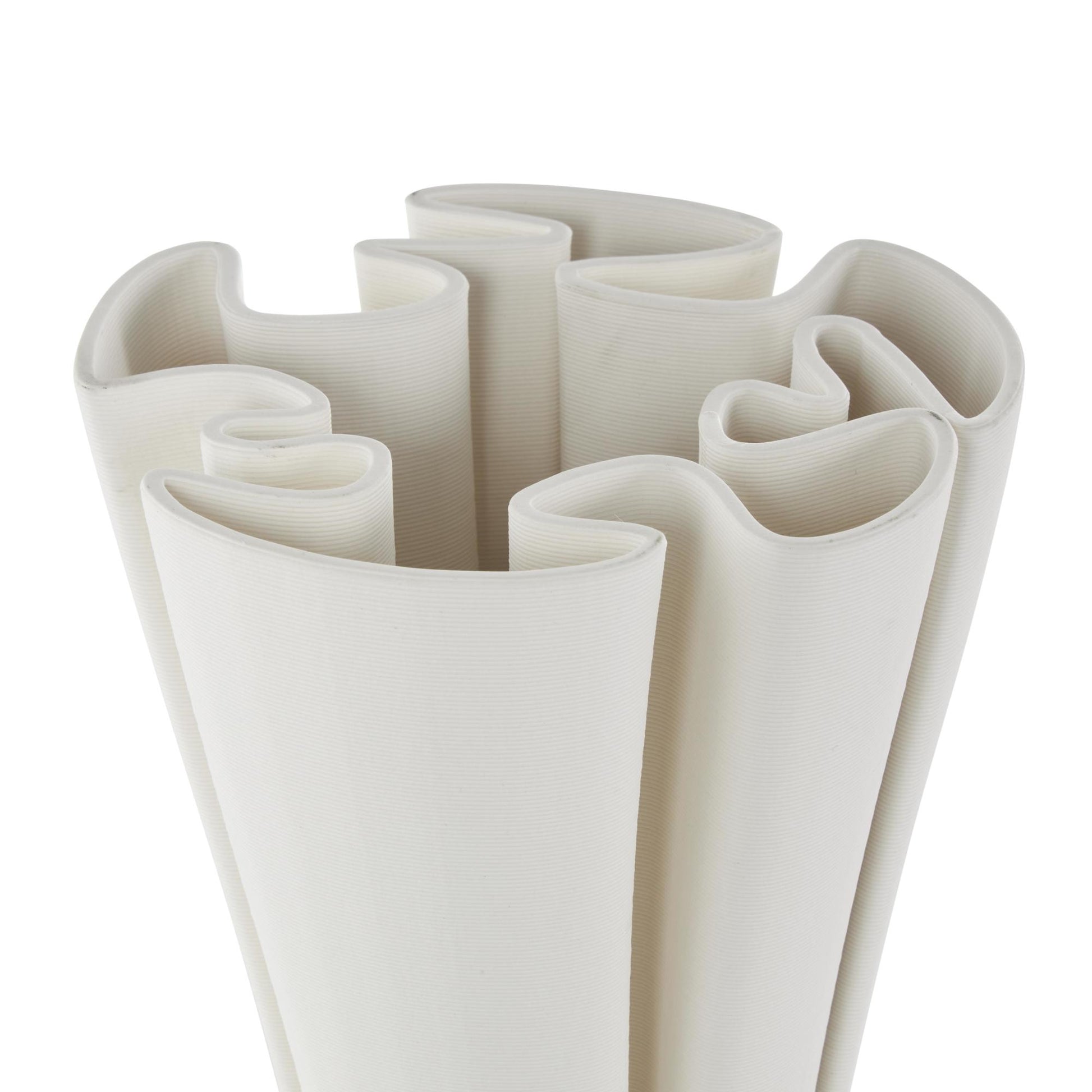 Abstract White Ceramic Ribbed Dimensional Folded Decorative Vase with Curvy Rim