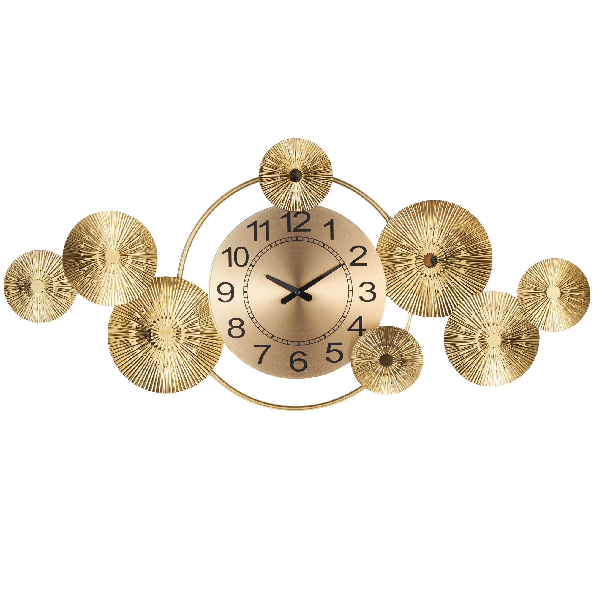Starburst Gold Stainless Steel Metal Decorative Wall Clock with Black Accents and Overlapping Discs