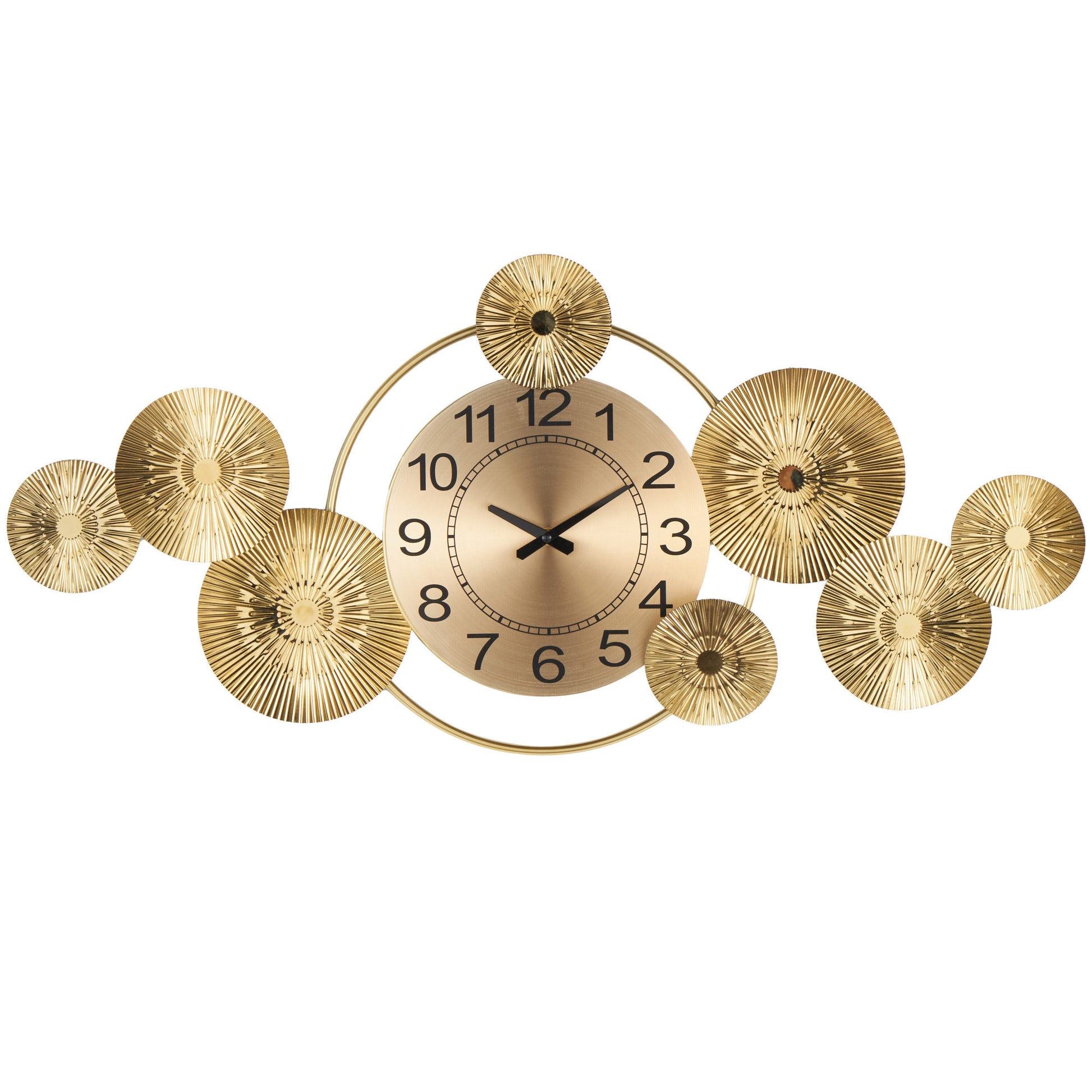 Starburst Gold Stainless Steel Metal Decorative Wall Clock with Black Accents and Overlapping Discs
