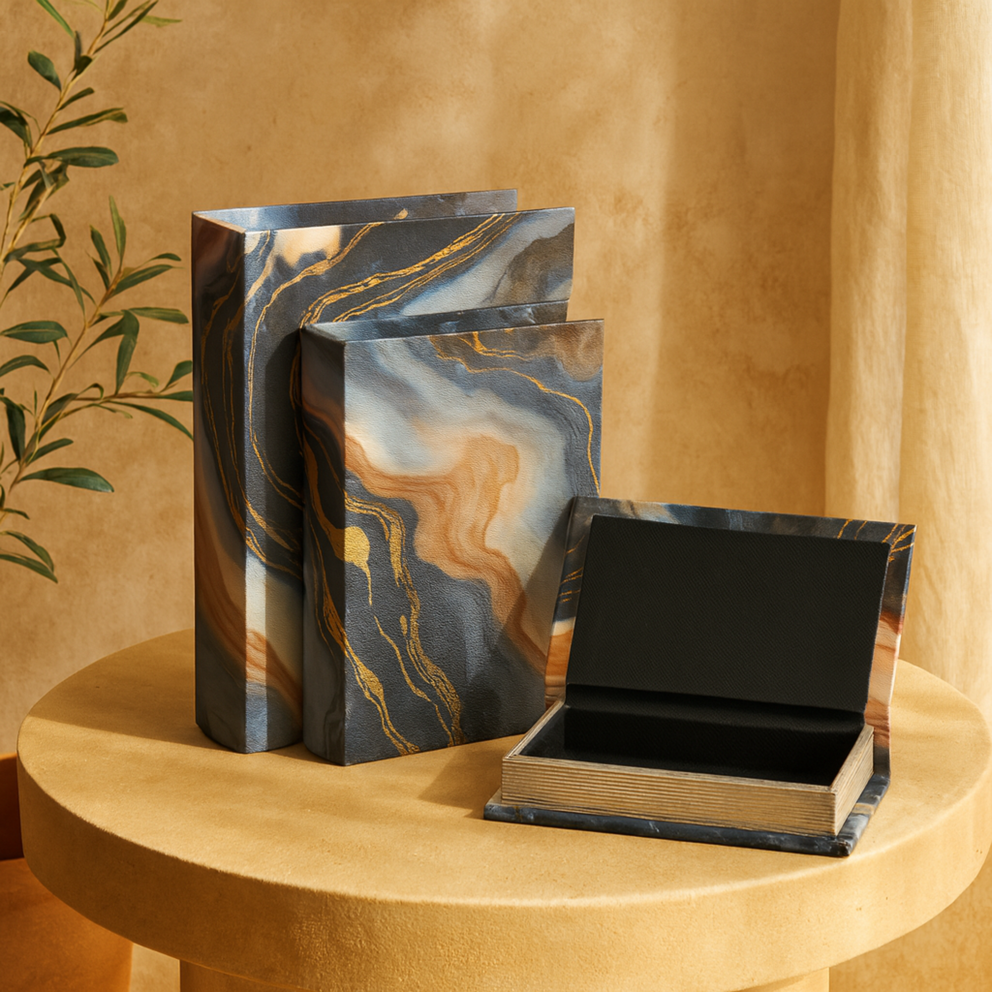 Set of 3 Geode Blue Faux Leather Faux Book Storage Decorative Box with Metallic Gold Accents