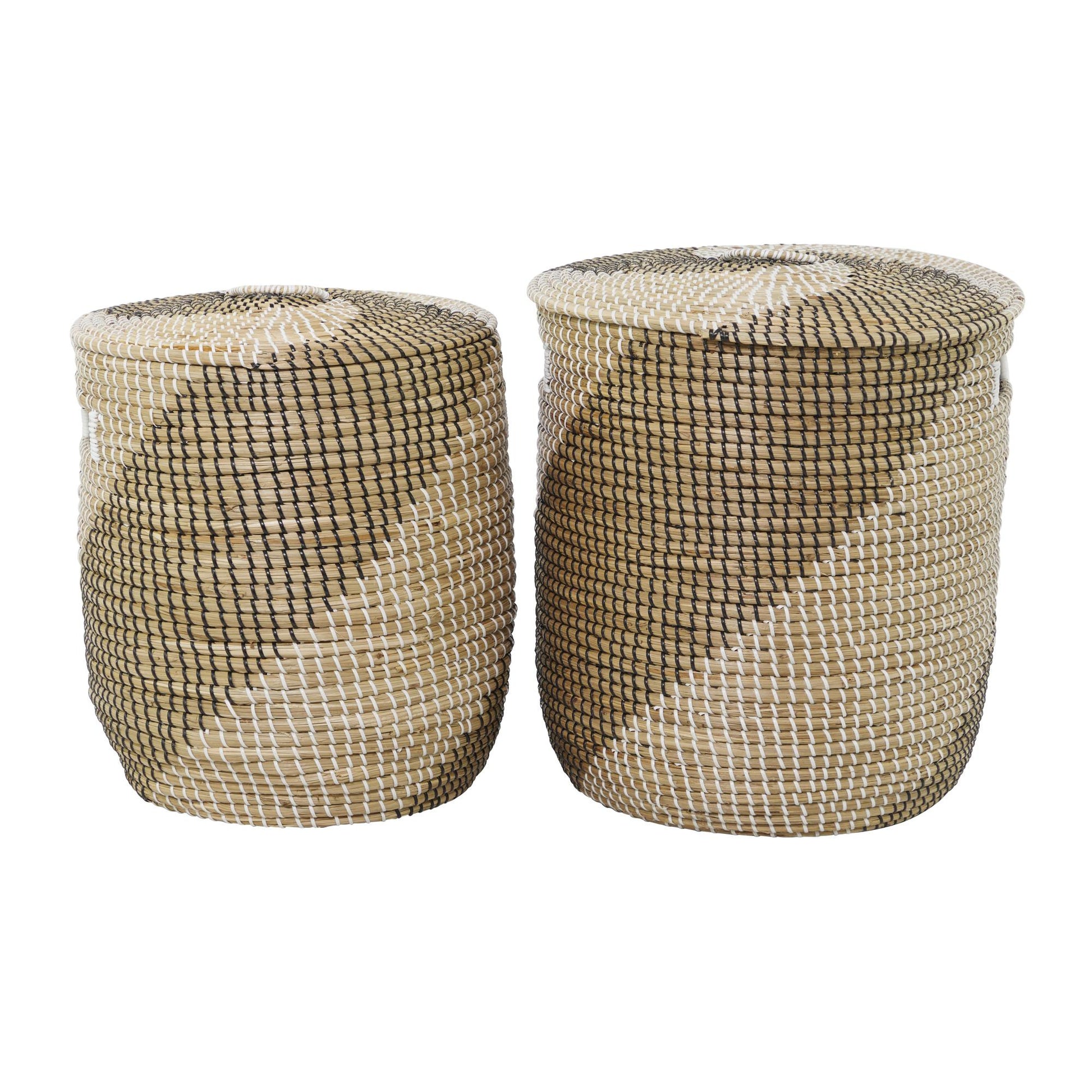 Set of 2 Brown Seagrass Handmade Two Toned Decorative and Functional Storage Basket with Matching Lids