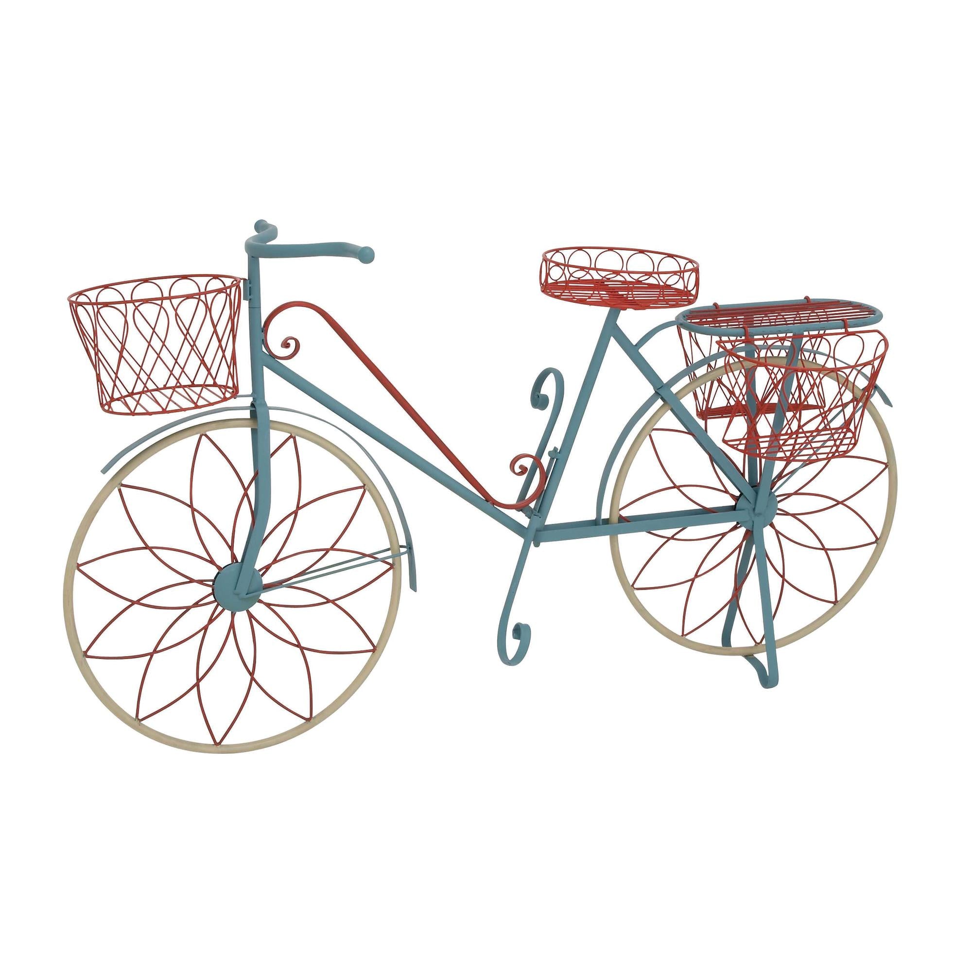 Bike Metal Scrollwork And Wire Design Indoor Outdoor Plantstand with Basket and Saddle Bag Planters