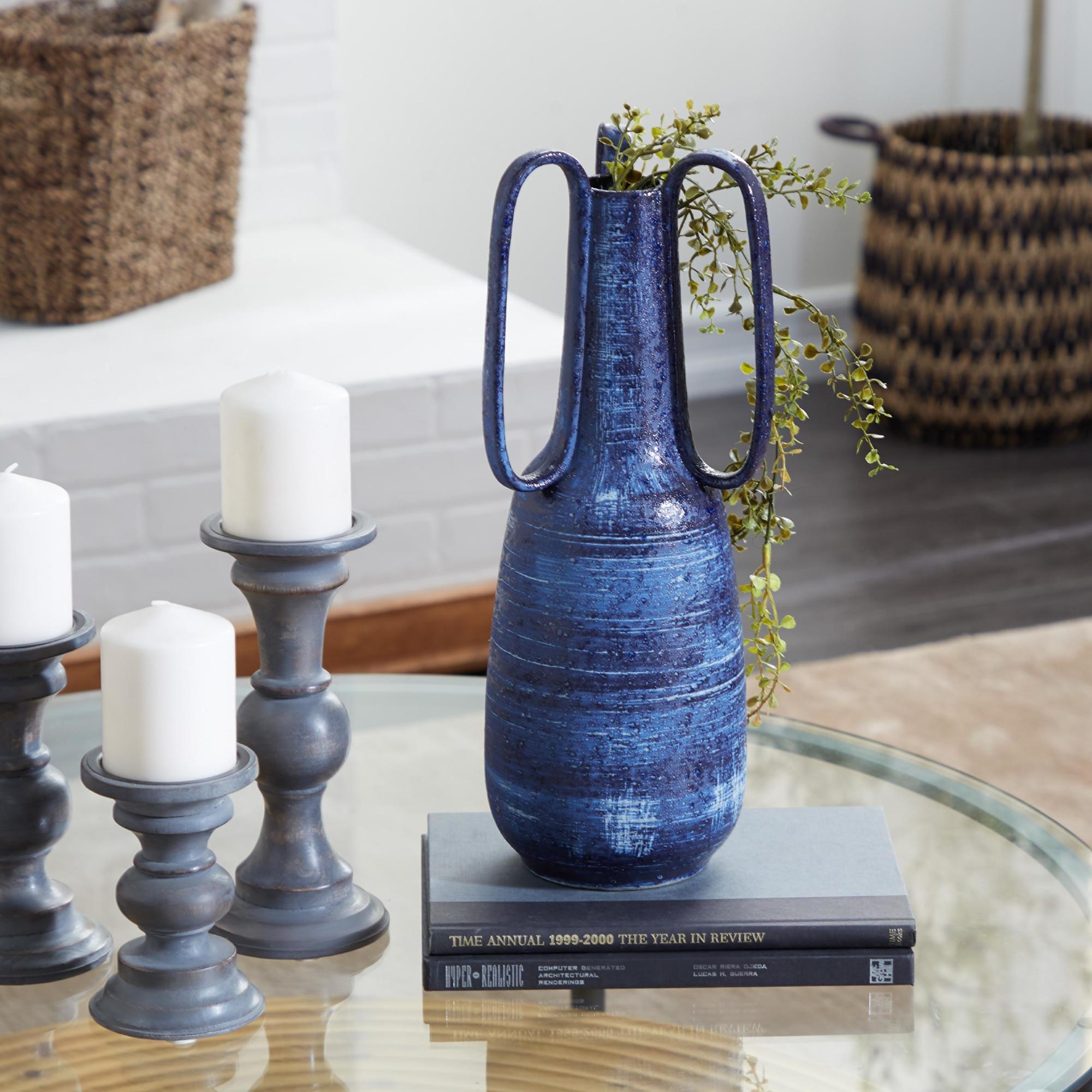 Blue Ceramic Decorative Vase with Handles