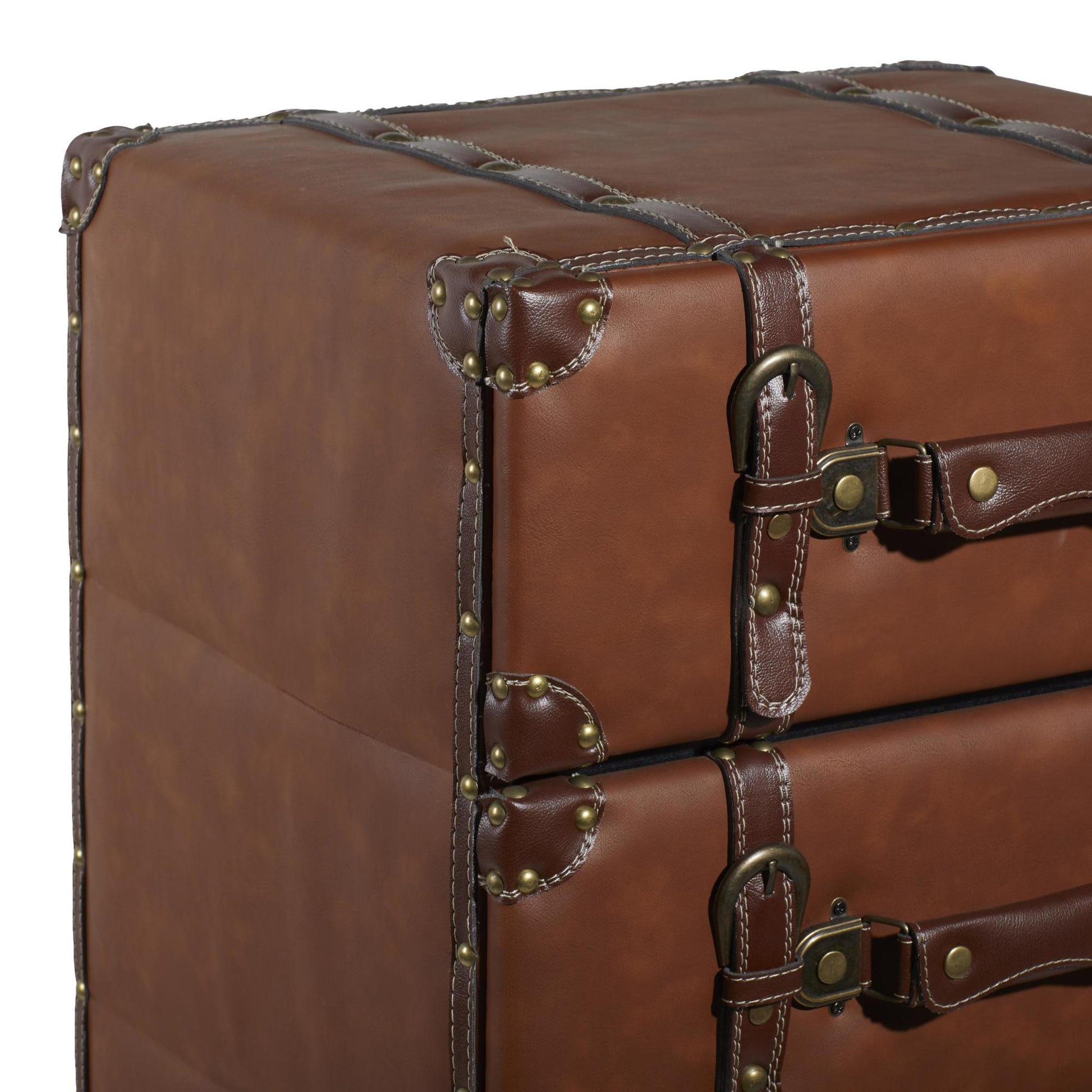 Brown Wooden Faux Leather 6 Drawer Room Chest with Buckle and Strap Detailing