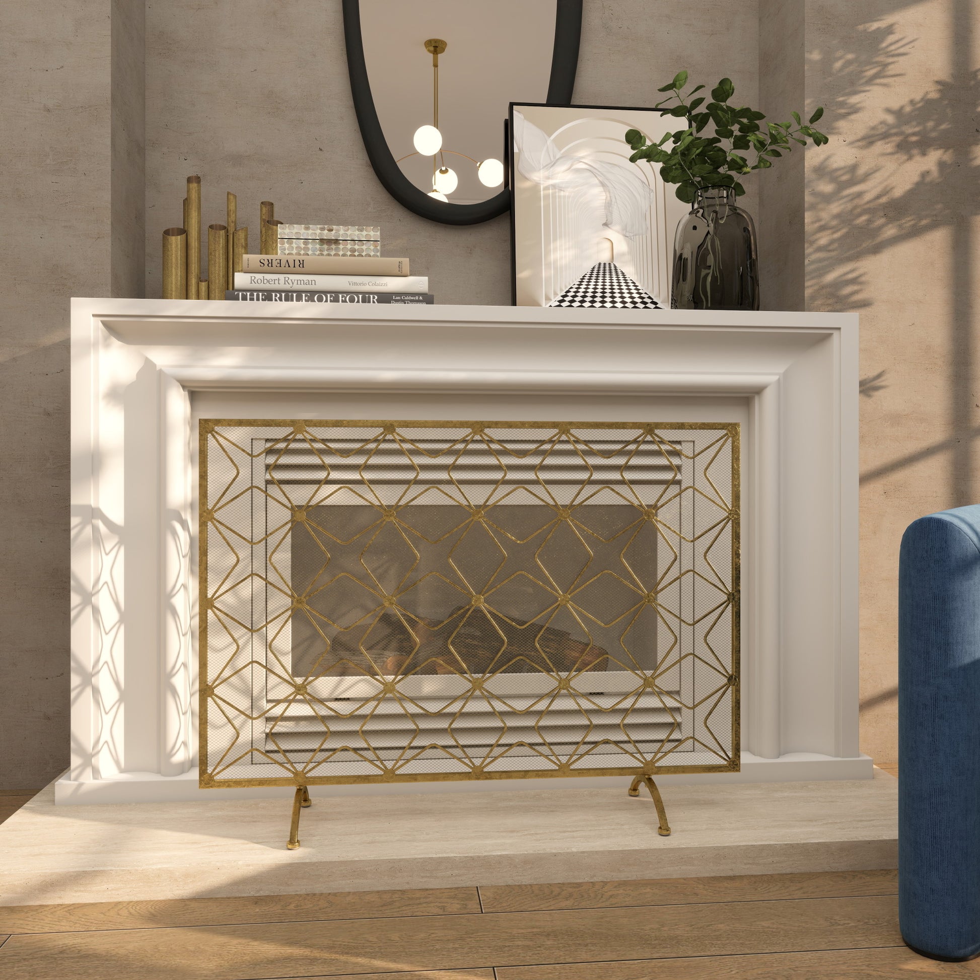 Geometric Gold Metal Star Patterned Single Panel Living Room Fireplace Screen with Mesh Netting