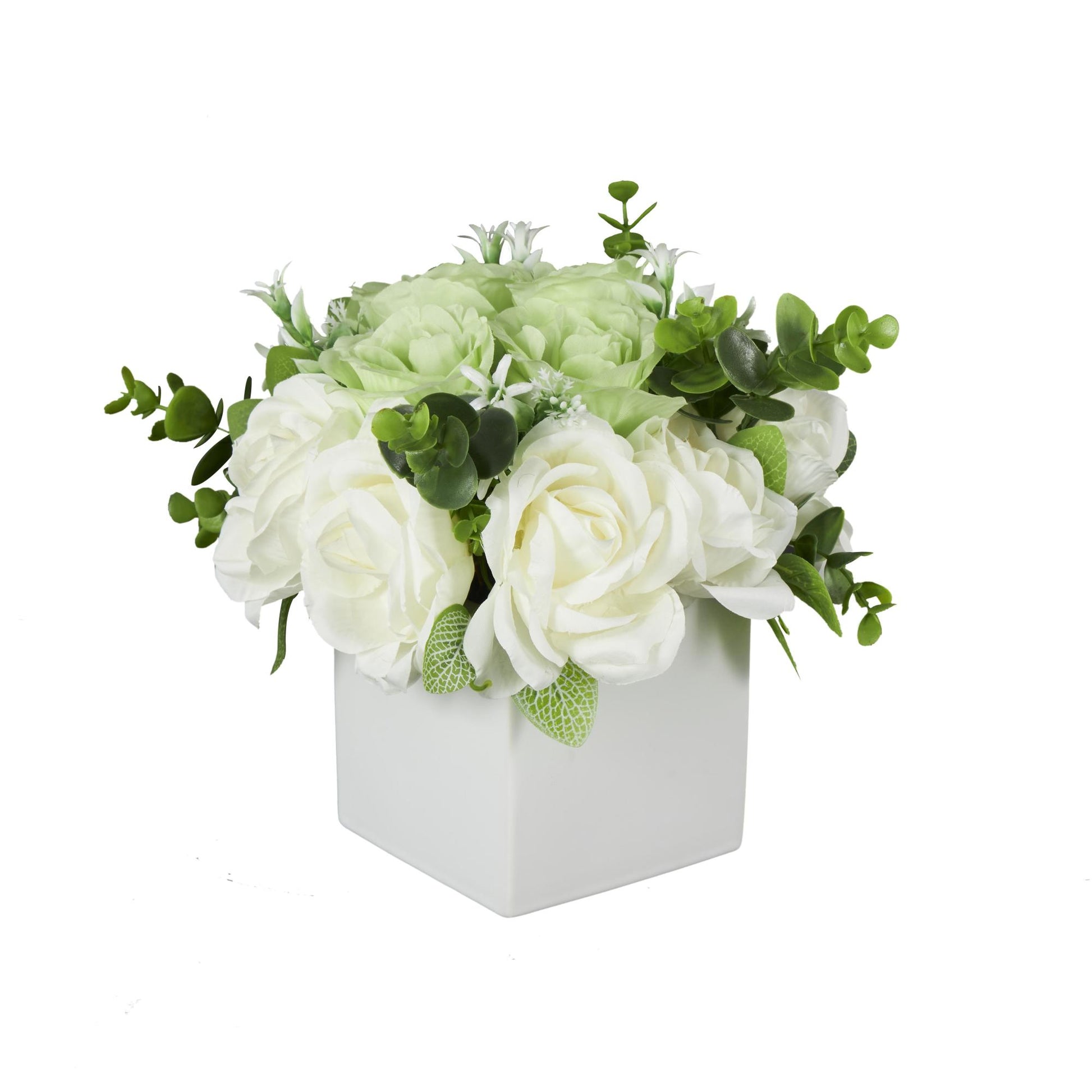 Hydrangea and Pom Pom White Fabric Indoor Outdoor Artificial Flower with Green Leaves and Square Ceramic Vase
