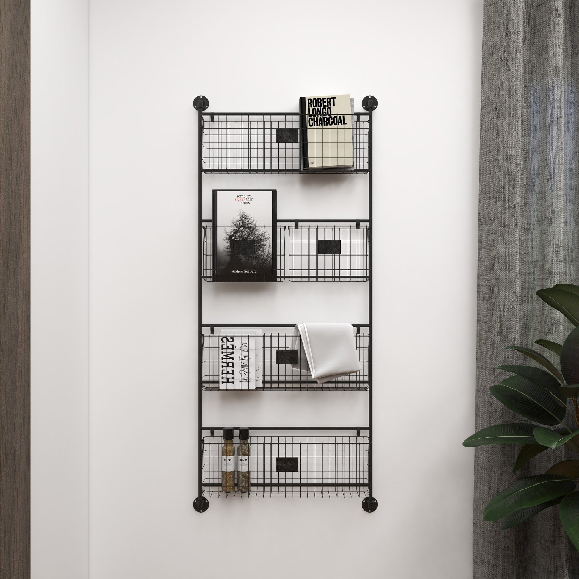 Black Metal Suspended Wire Basket 5 Slot Decorative Magazine Rack Holder with Label Slot