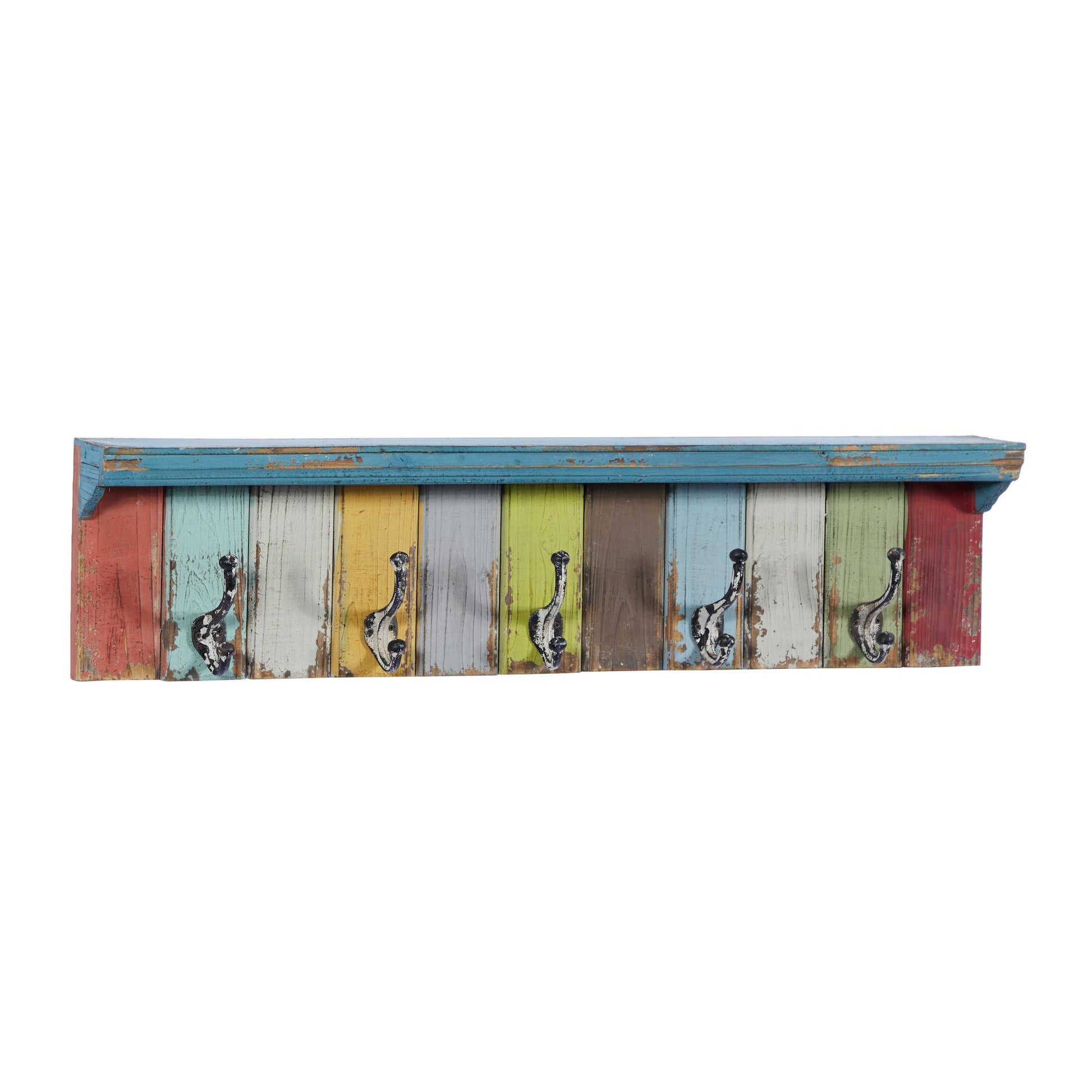Multi Colored Wood Slatted Distressed Shelf 5 Hanger Home Wall Hook