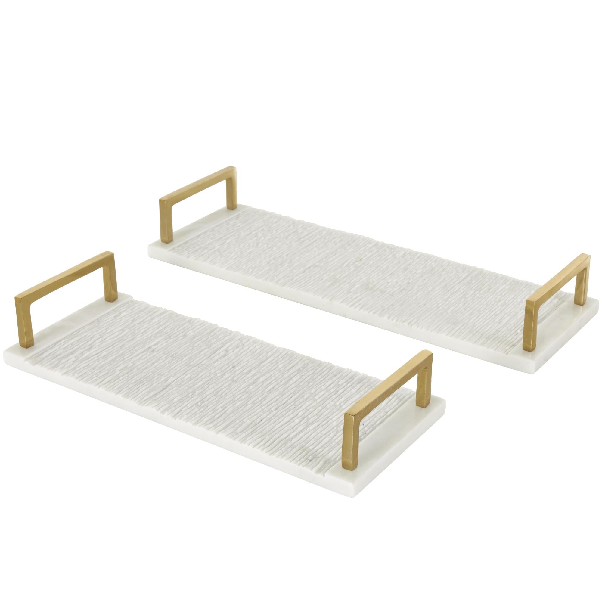 Set of 2 White Marble Textured Living Room Decor Tray with Gold Handles