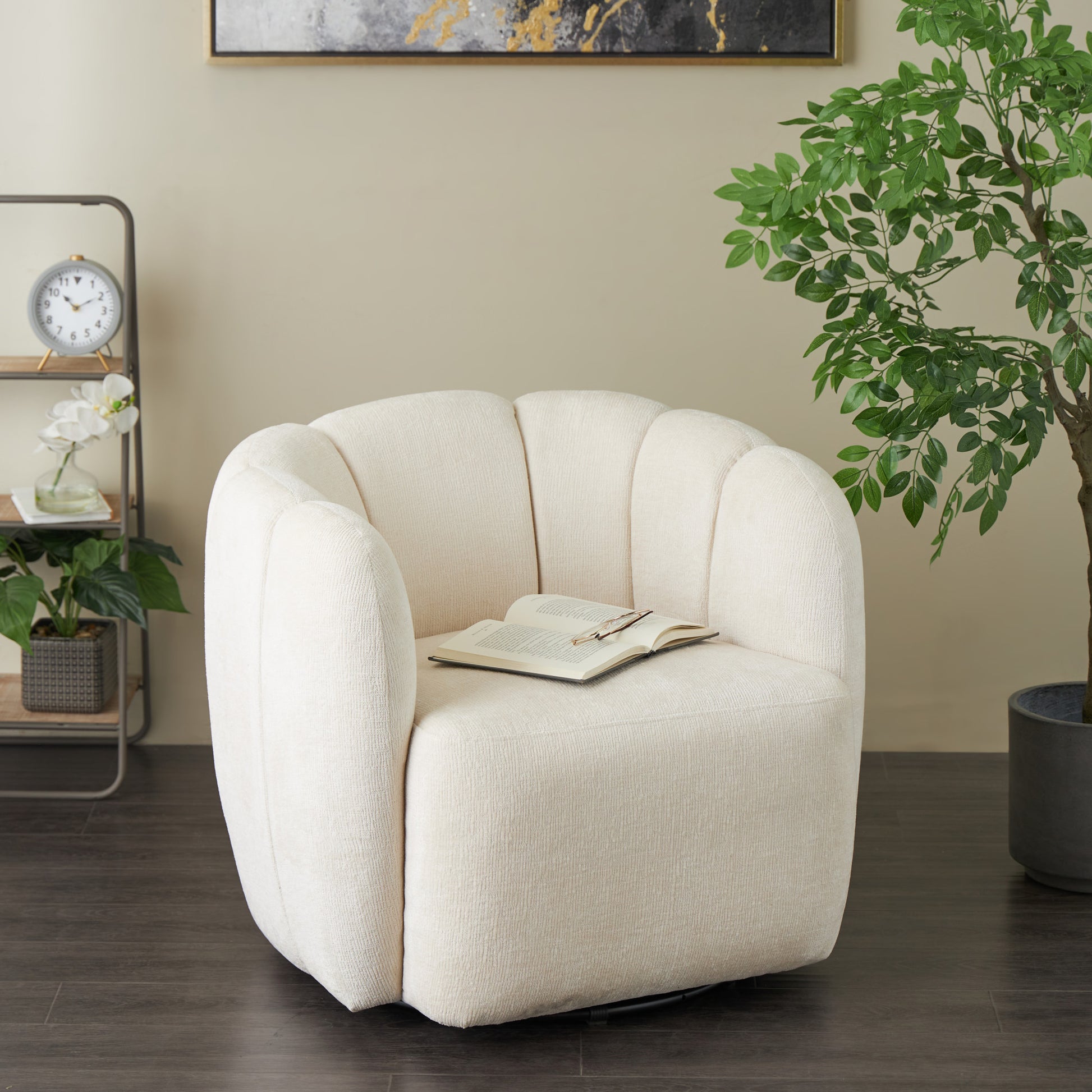 Cream Polyester Arched Swivel Living Room Accent Chair