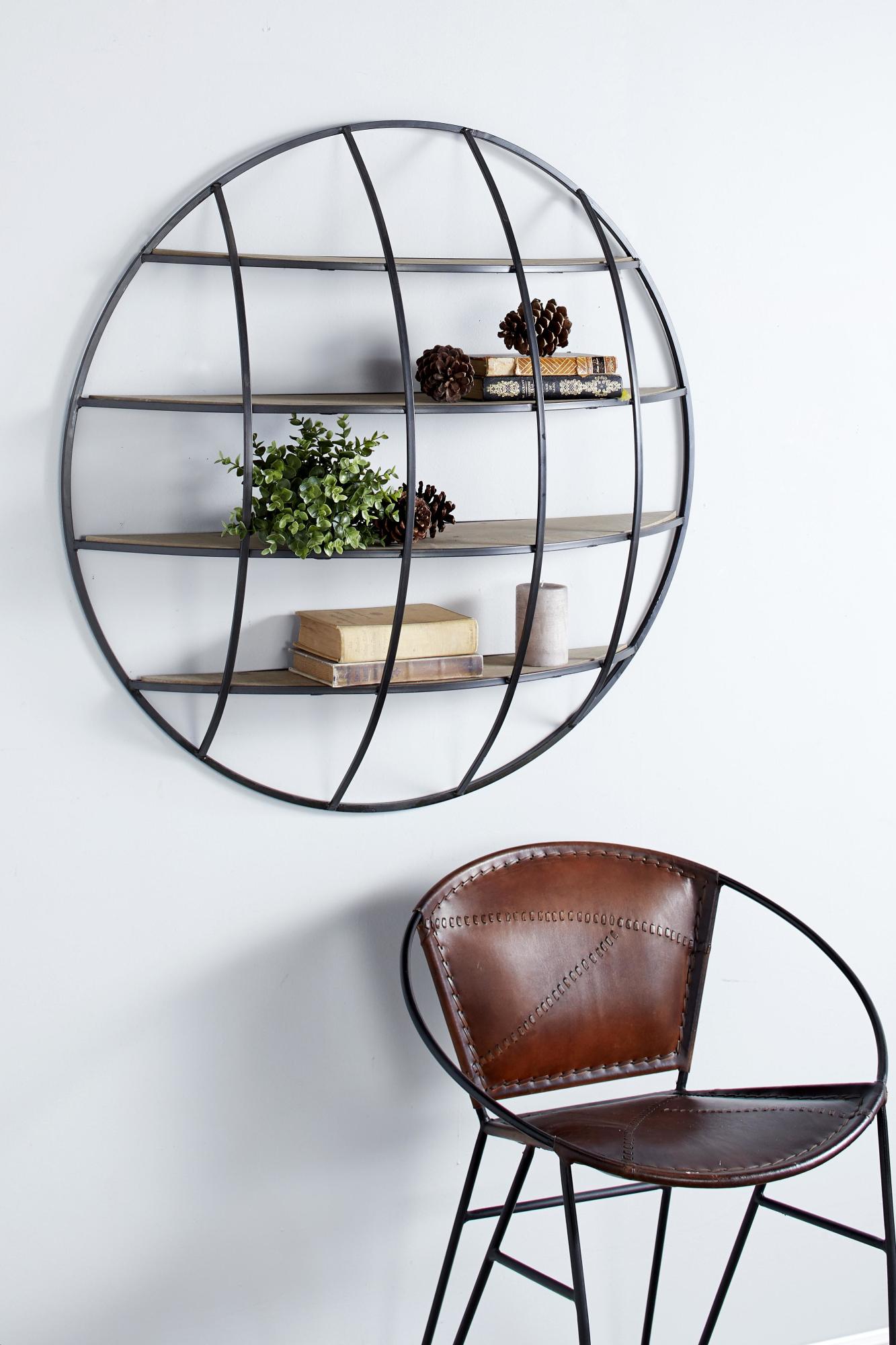 Black Metal 3D Round 4 Level Room Wall Shelf with Wooden Shelves