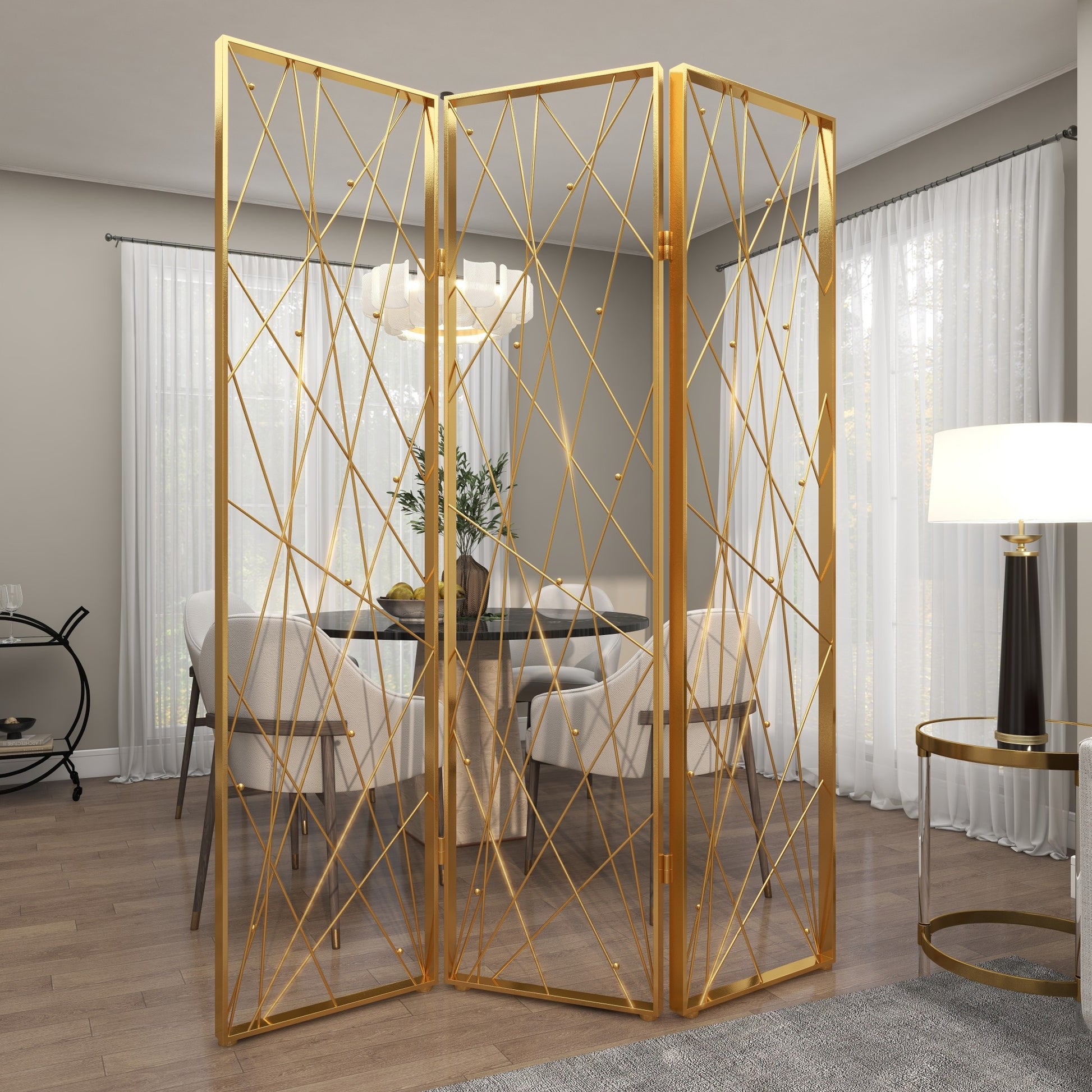 Abstract Gold Metal Foldable Partition 3 Panel Partition Room Divider Screen with Wire Rod Accents