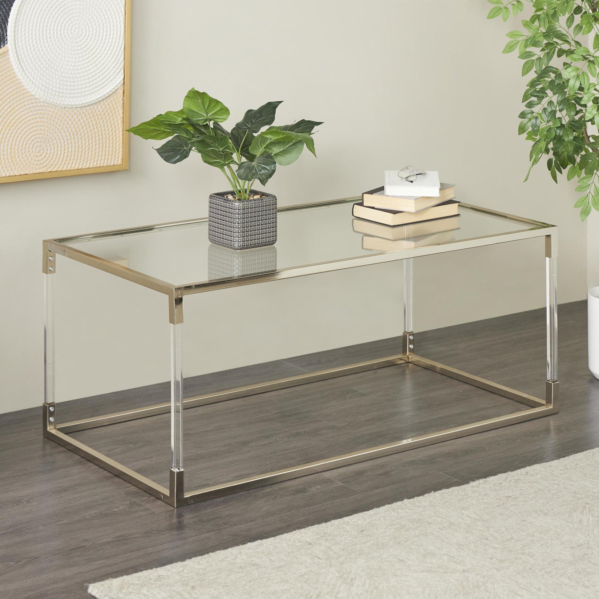 Metal Living Room Coffee Table with Clear Glass Top and Acrylic Legs