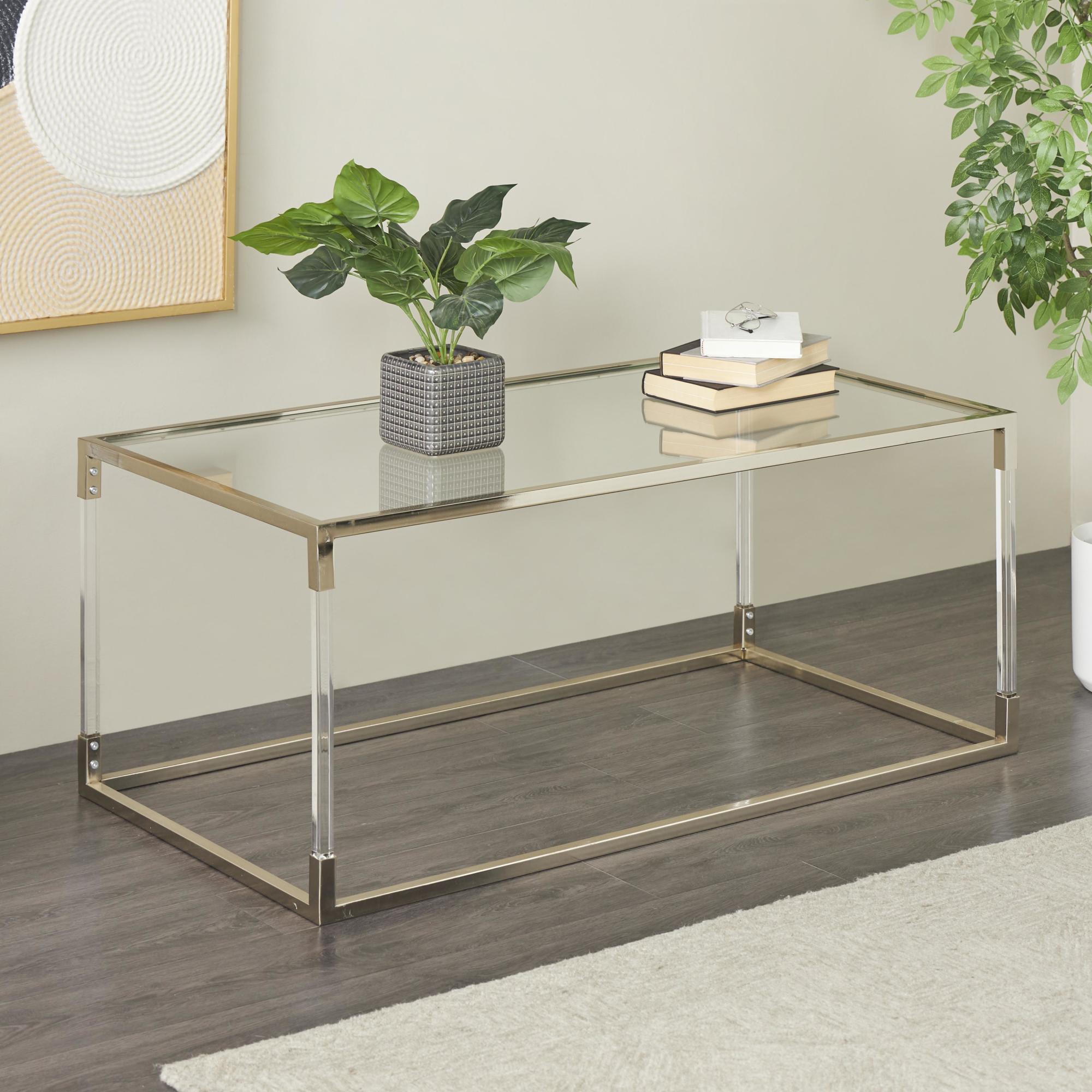 Metal Living Room Coffee Table with Clear Glass Top and Acrylic Legs