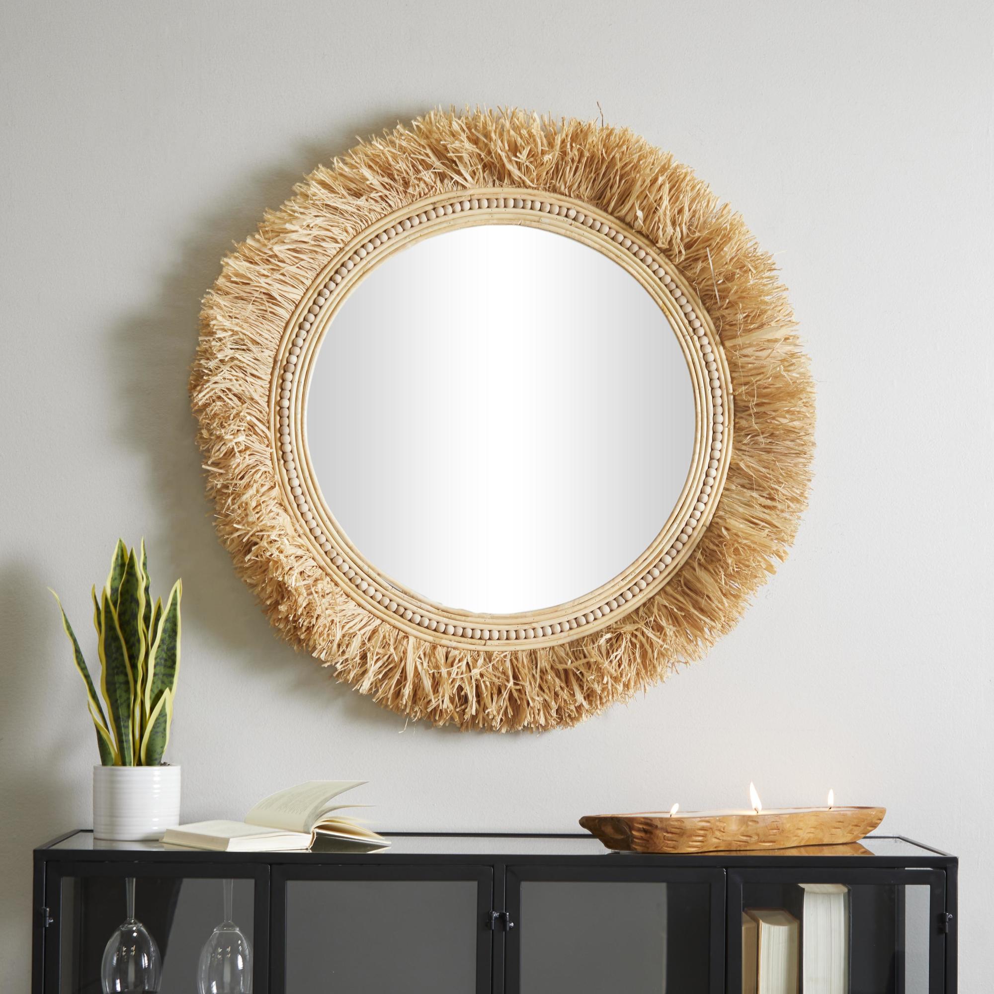 Tribal Light Brown Seagrass Room Wall Mirror with Fringe Detailing