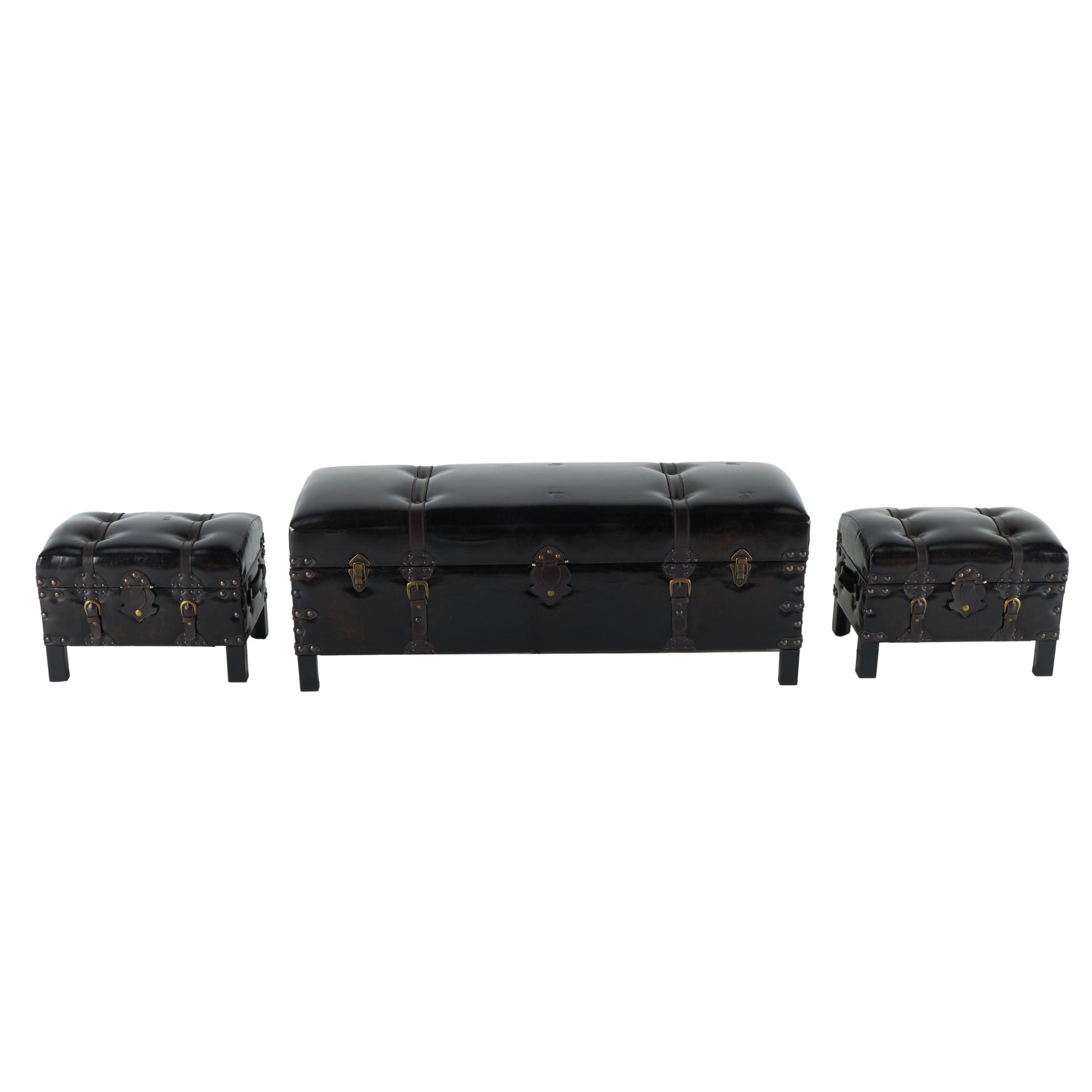 Set of 3 Brown Faux Leather Vintage Room Storage Bench with Faux Leather Buckle Straps and Stud Details