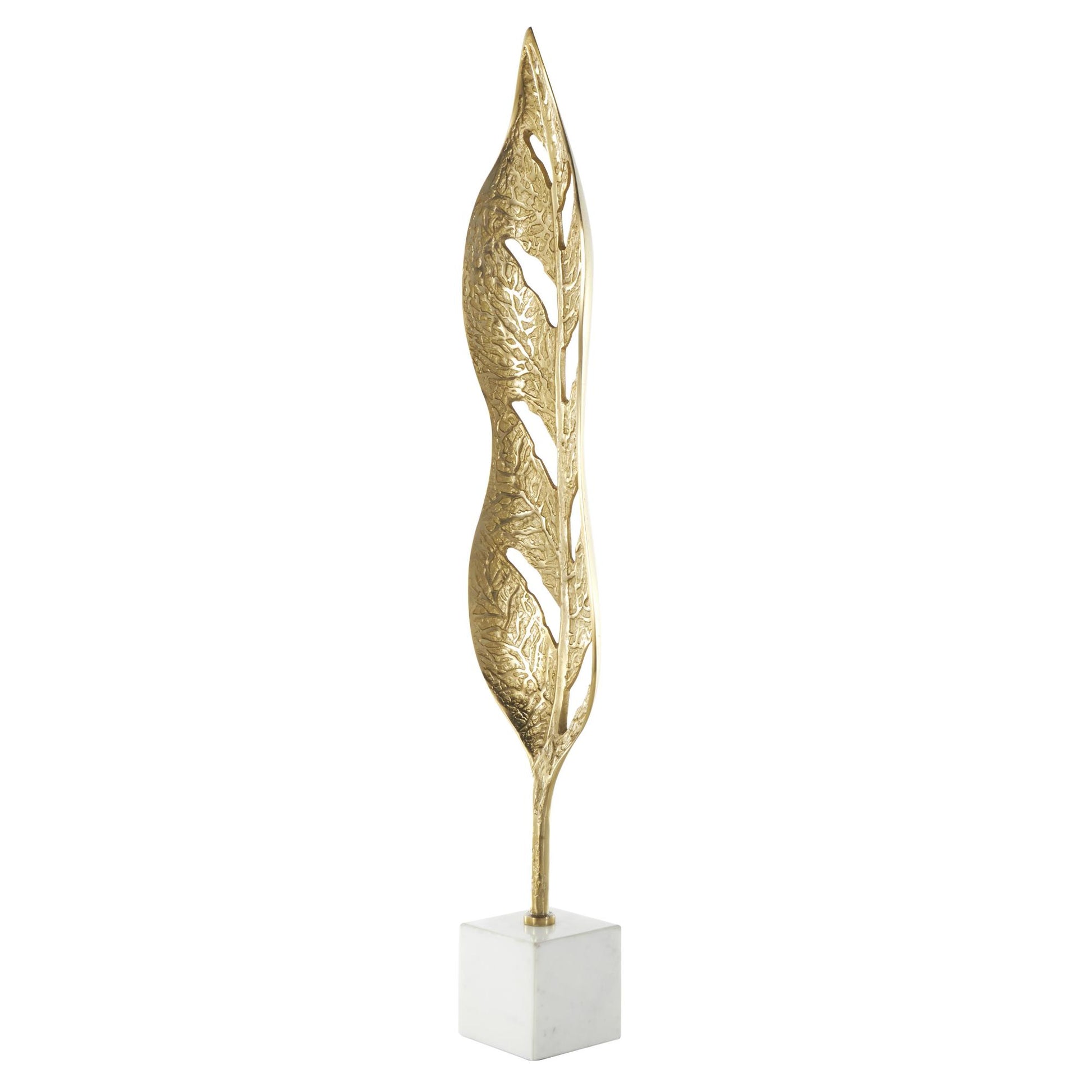 Leaf Gold Aluminum Metal Tall Textured Cutout Decorative Sculpture with White Marble Base