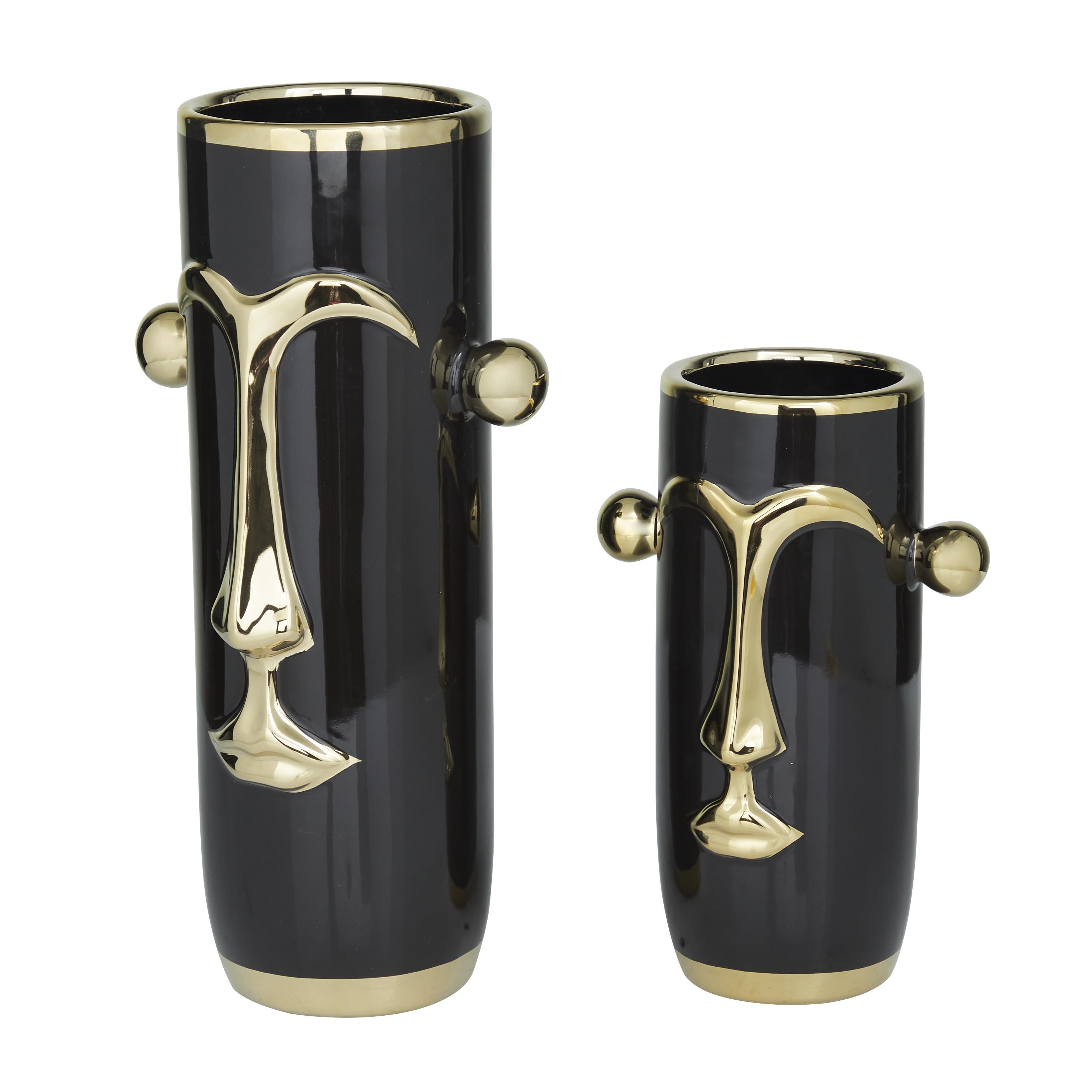 Set of 2 Face Ceramic Abstract Decorative Vase with Gold Details