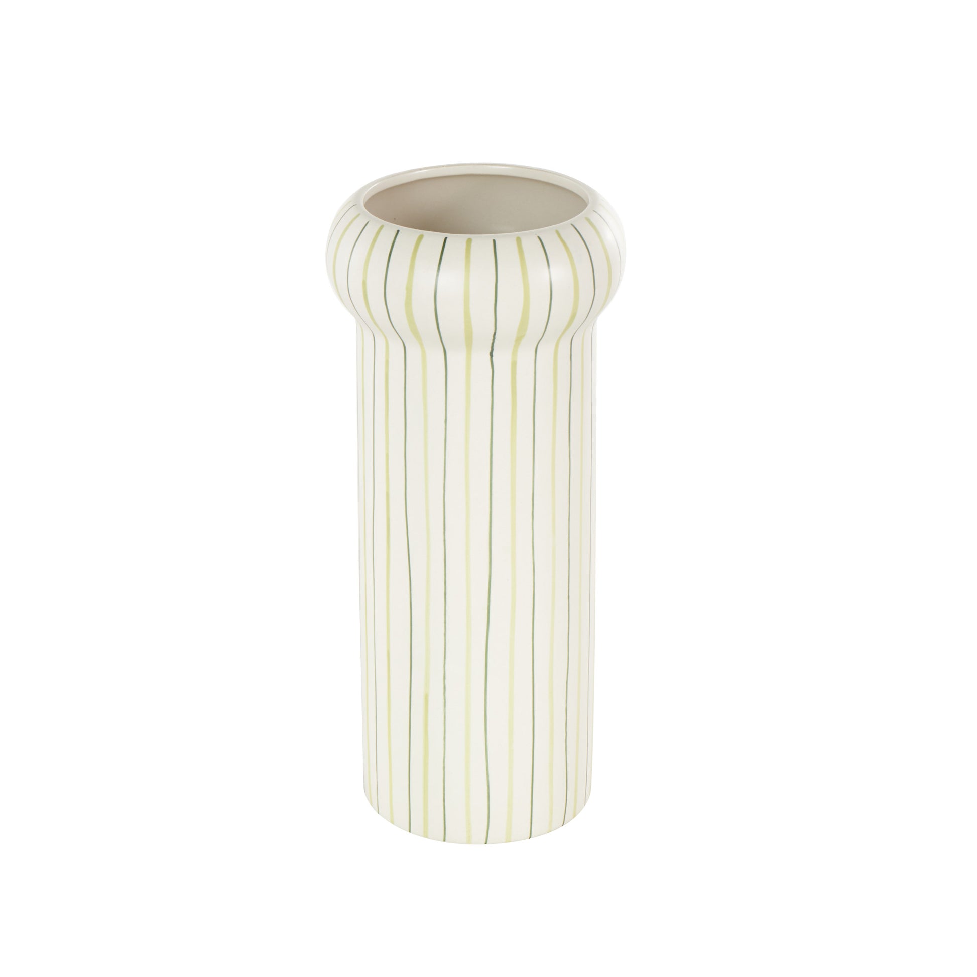 Abstract White Ceramic Round Decorative Vase with Green Linear Patterns