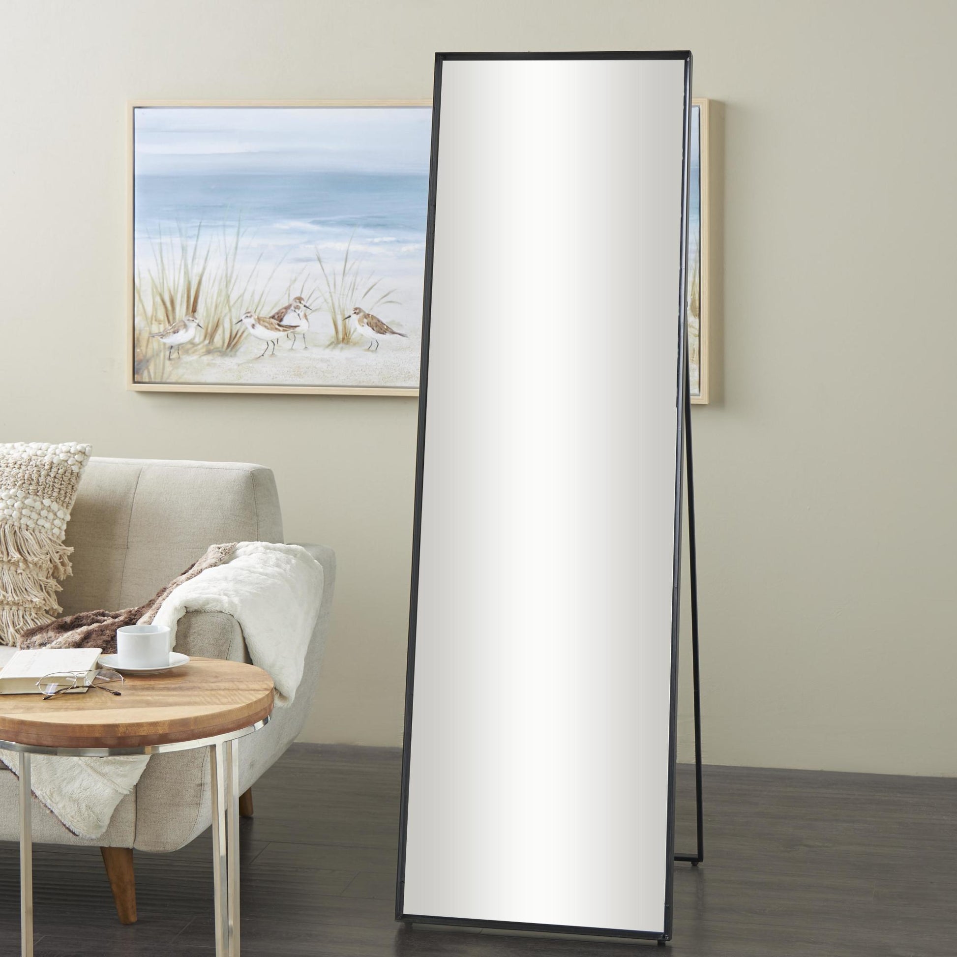 Black Metal Foldable Room Floor Mirror with Thin Frame