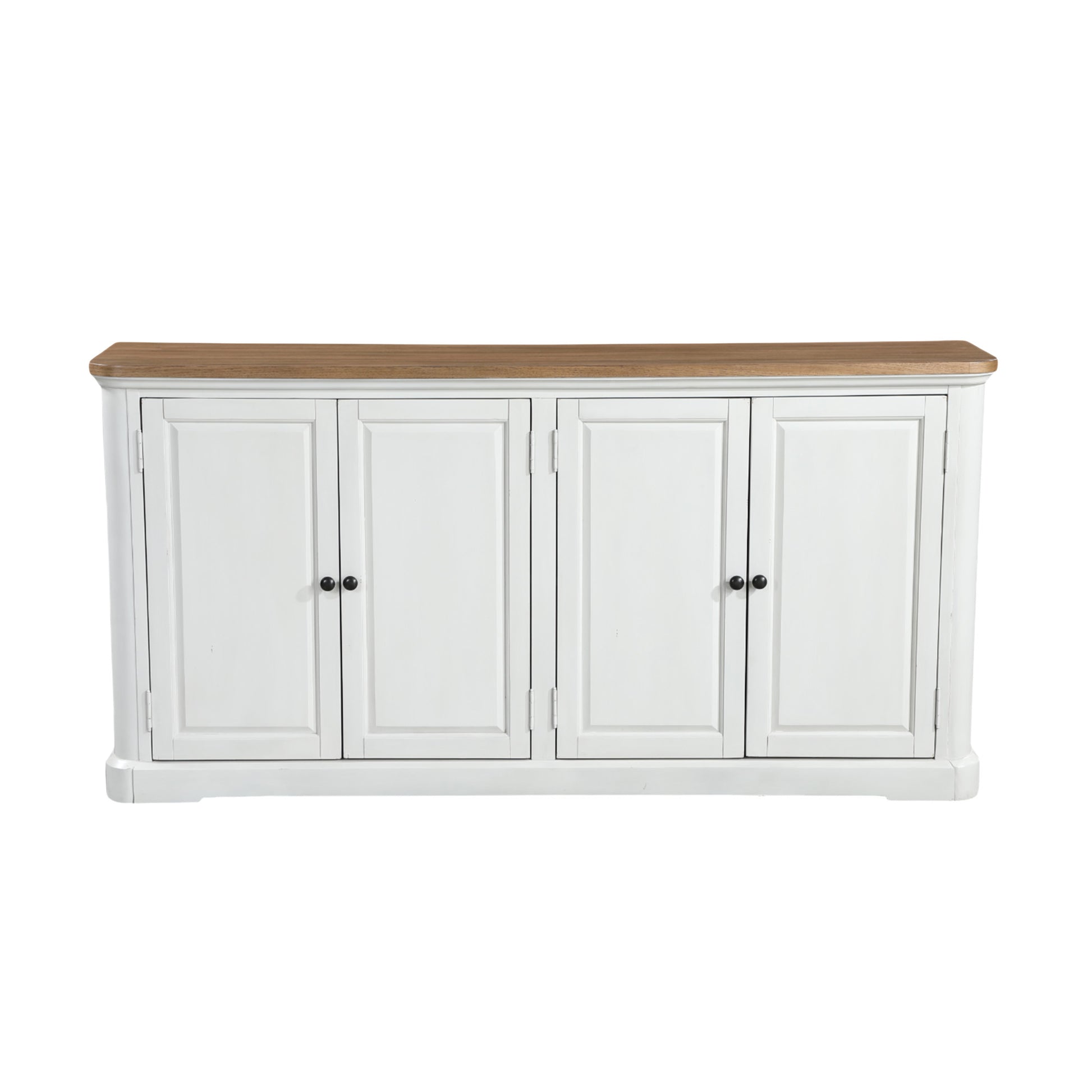 White Wood 4 Door Media Credenza Sideboard with Brown Wood Top and Black Round Knobs