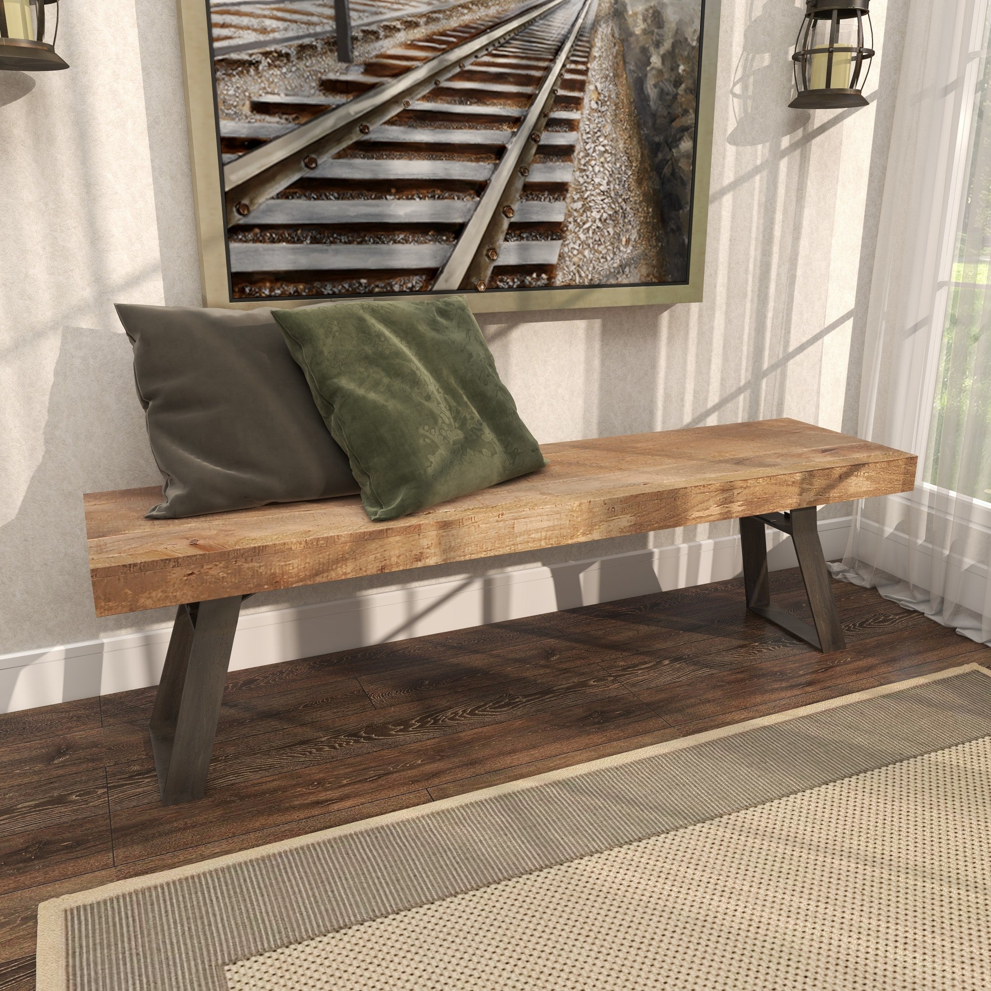Light Brown Mango Wood Home Bench with Metal Legs