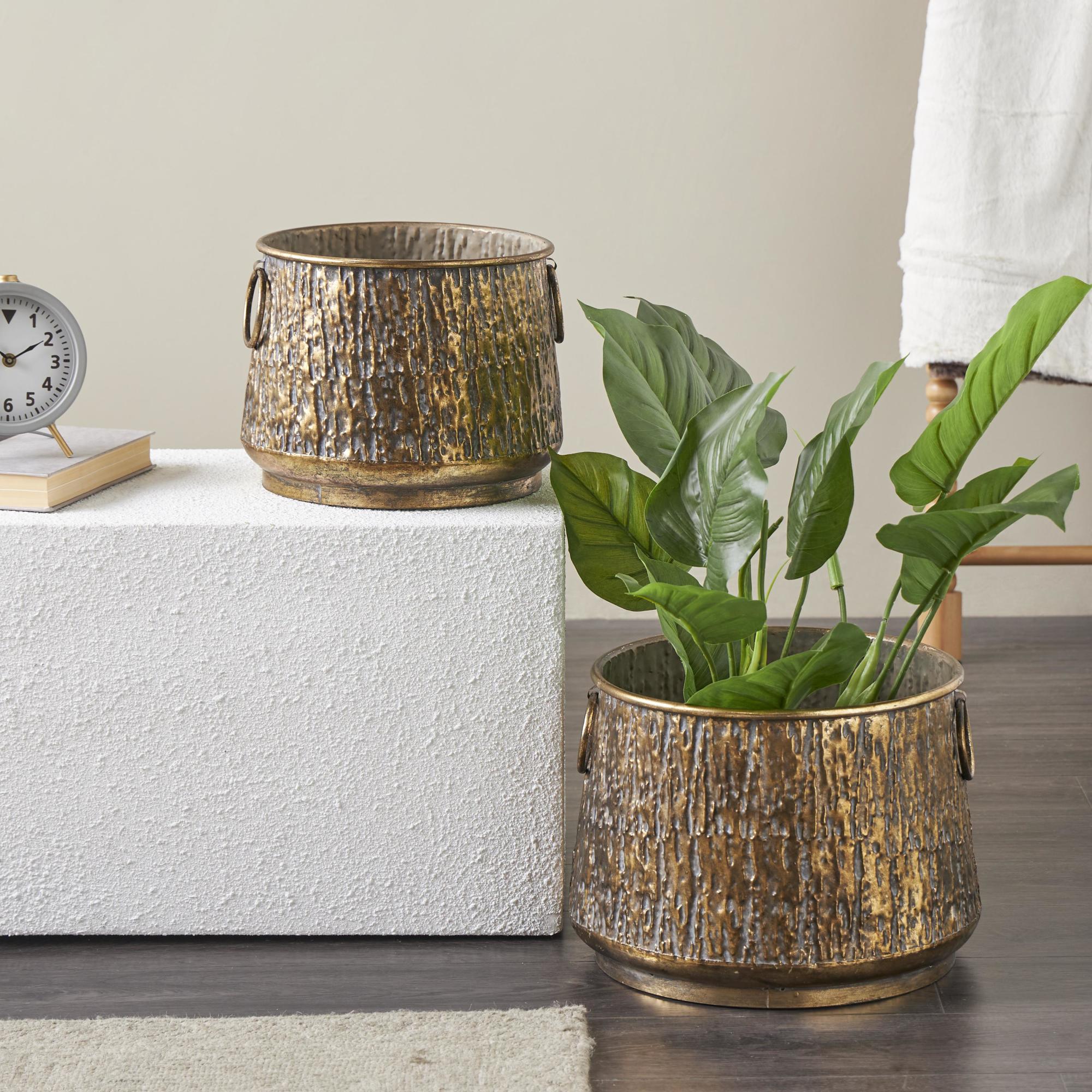Set of 2 Abstract Brass Metal Textured Indoor Outdoor Planter with Gray Weathered Spots and Ring Handles