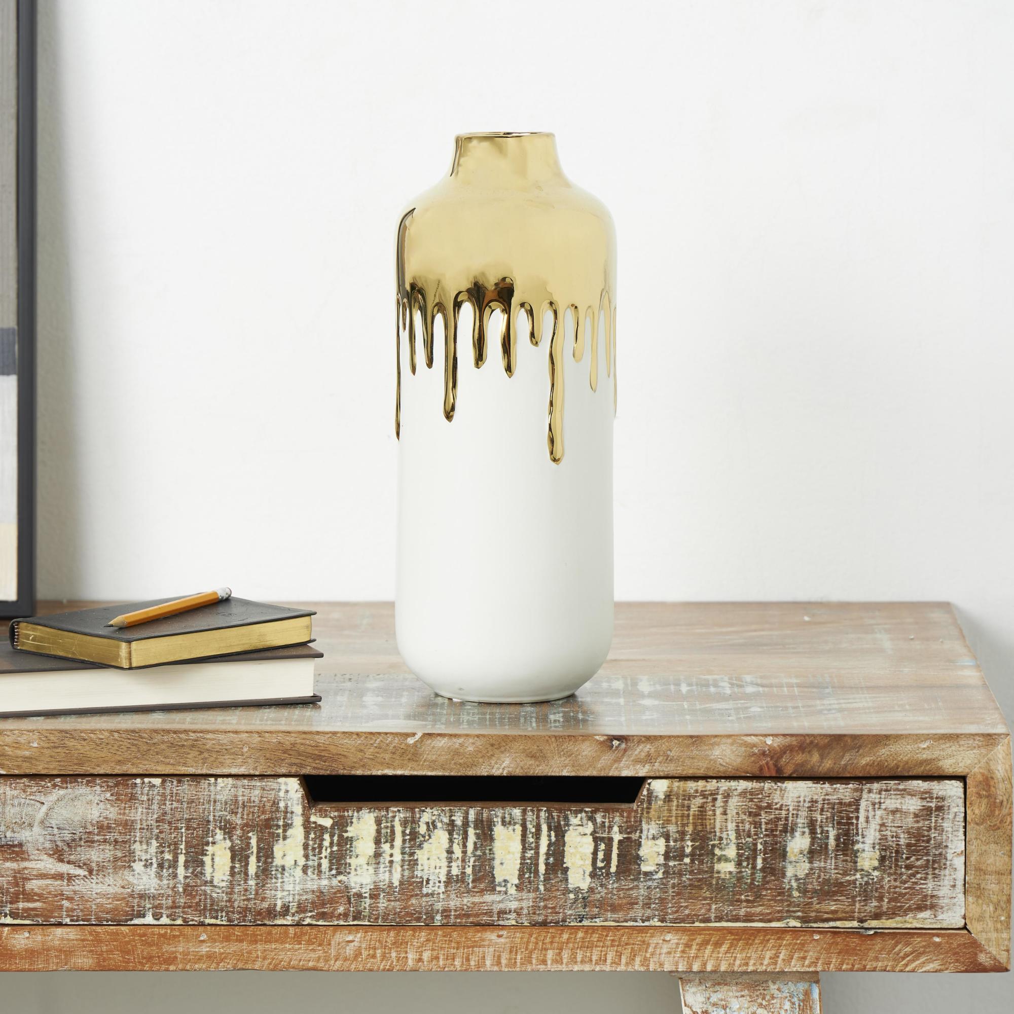 CosmoLiving by Cosmopolitan Abstract White Ceramic Decorative Vase with Abstract Gold Melting Drips