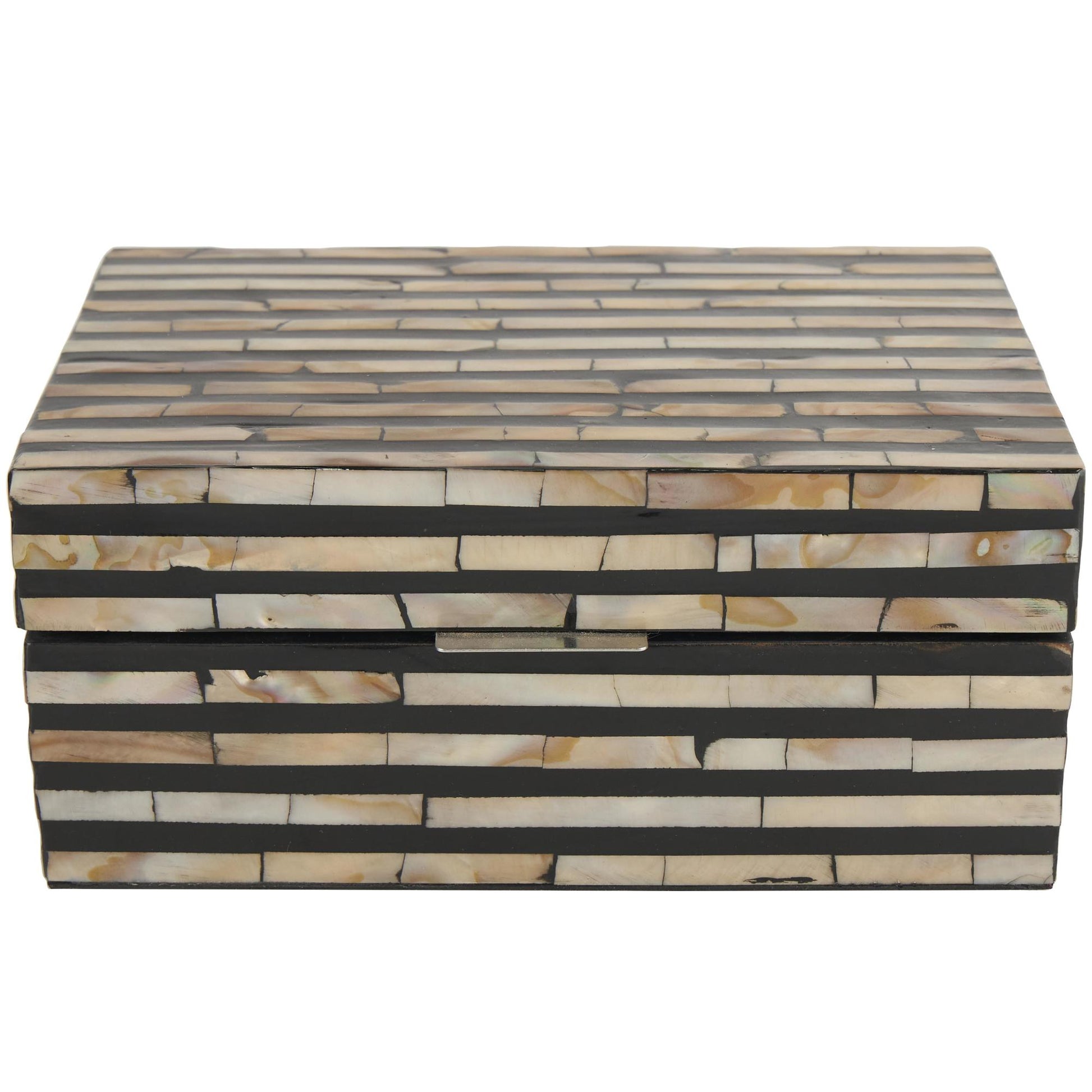Set of 2 Beige Mother of Pearl Shell Handmade Decorative Box with Linear Mosaic Pattern and Hinged Lid