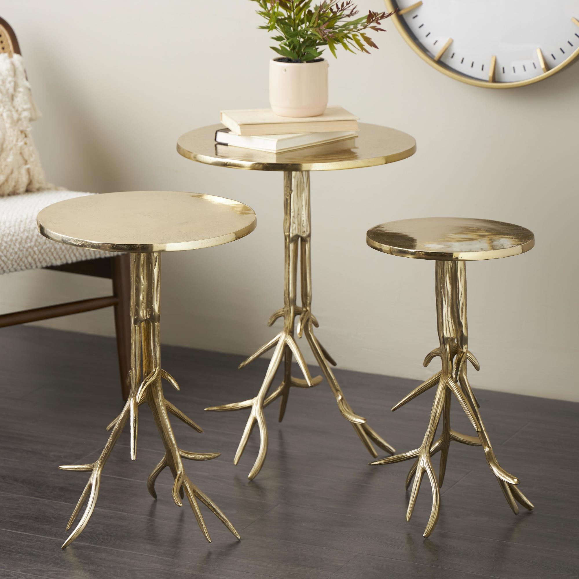 Set of 3 Aluminum Metal Side End Accent Table with Textured Tree Branch Legs Set of 3 24", 22", 20"H