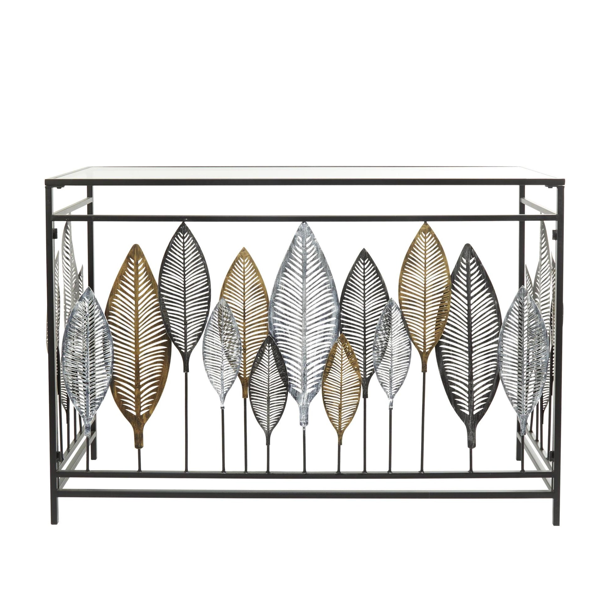 Leaf Metal Rectangular Living Room Console Table with Mirrored Glass Top and Gold Accents