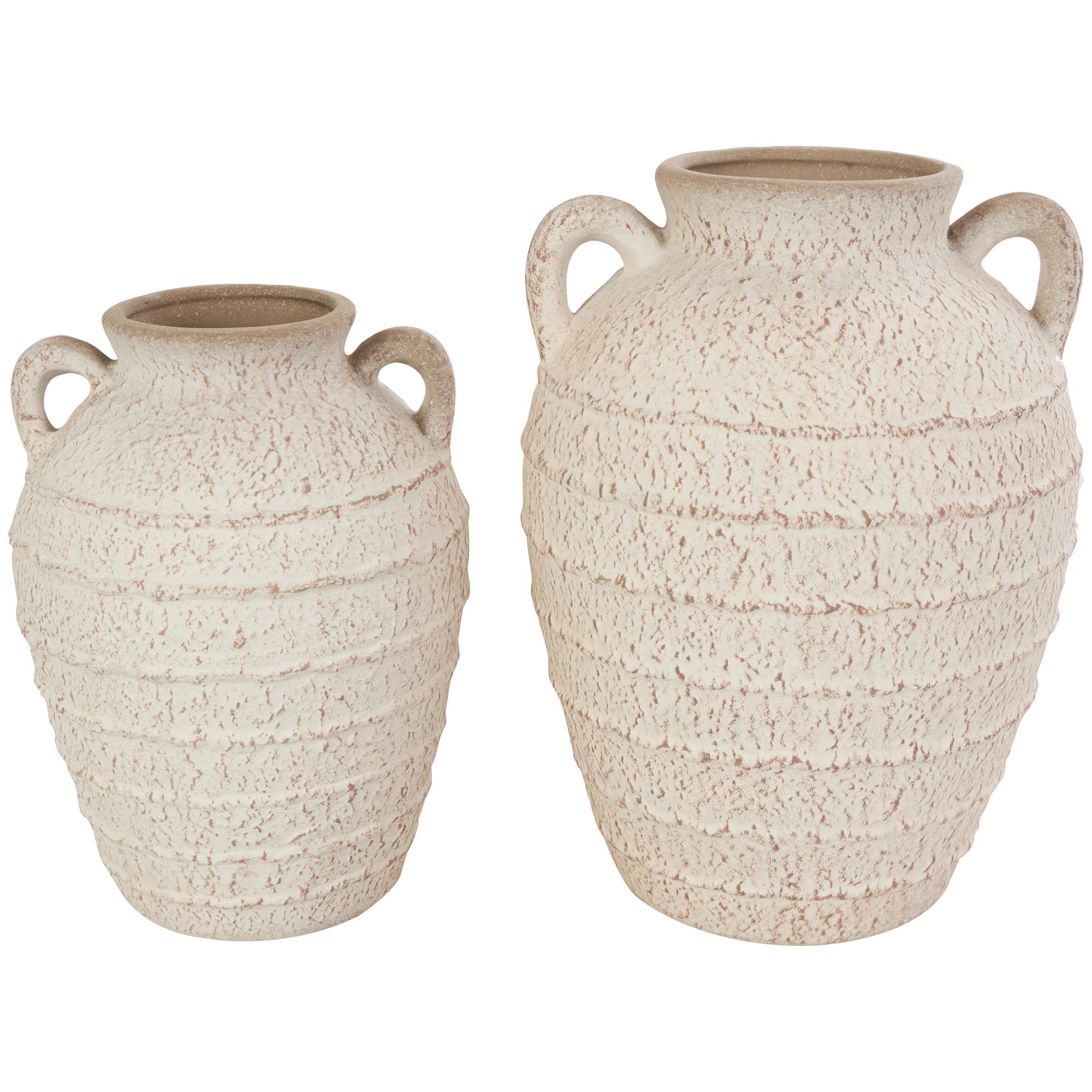 Set of 2 Cream Ceramic Textured Decorative Vase with Handles and Terracotta Accents