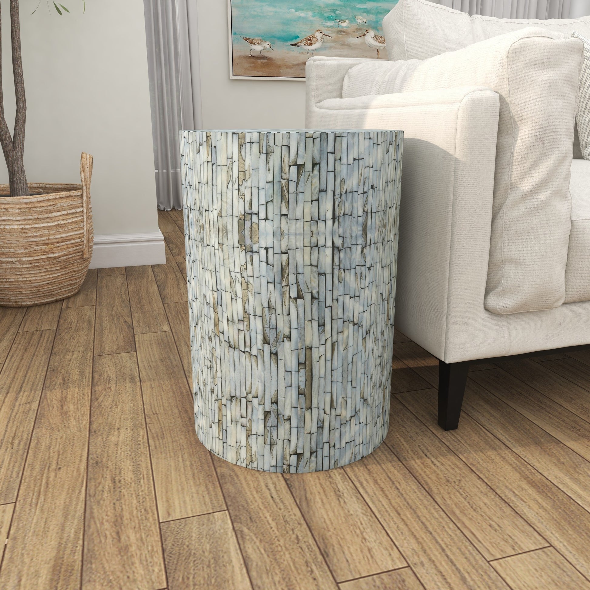 Geometric Mother of Pearl Shell Handmade Mosaic Drum Side End Accent Table