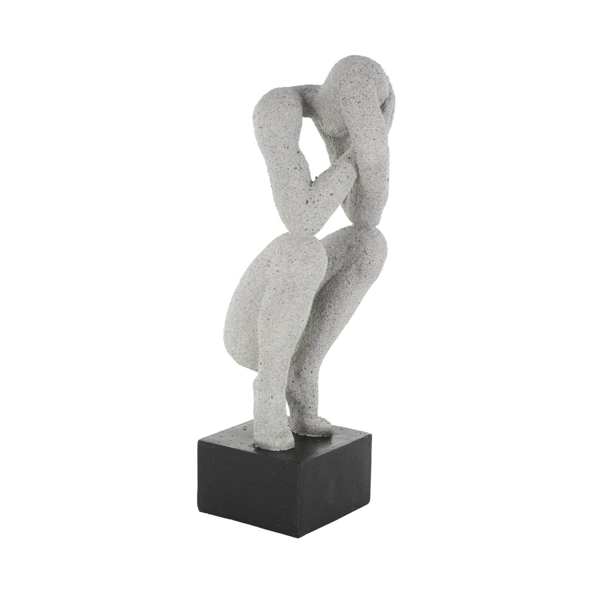 People Gray Polystone Crouching Decorative Sculpture with Black Square Base
