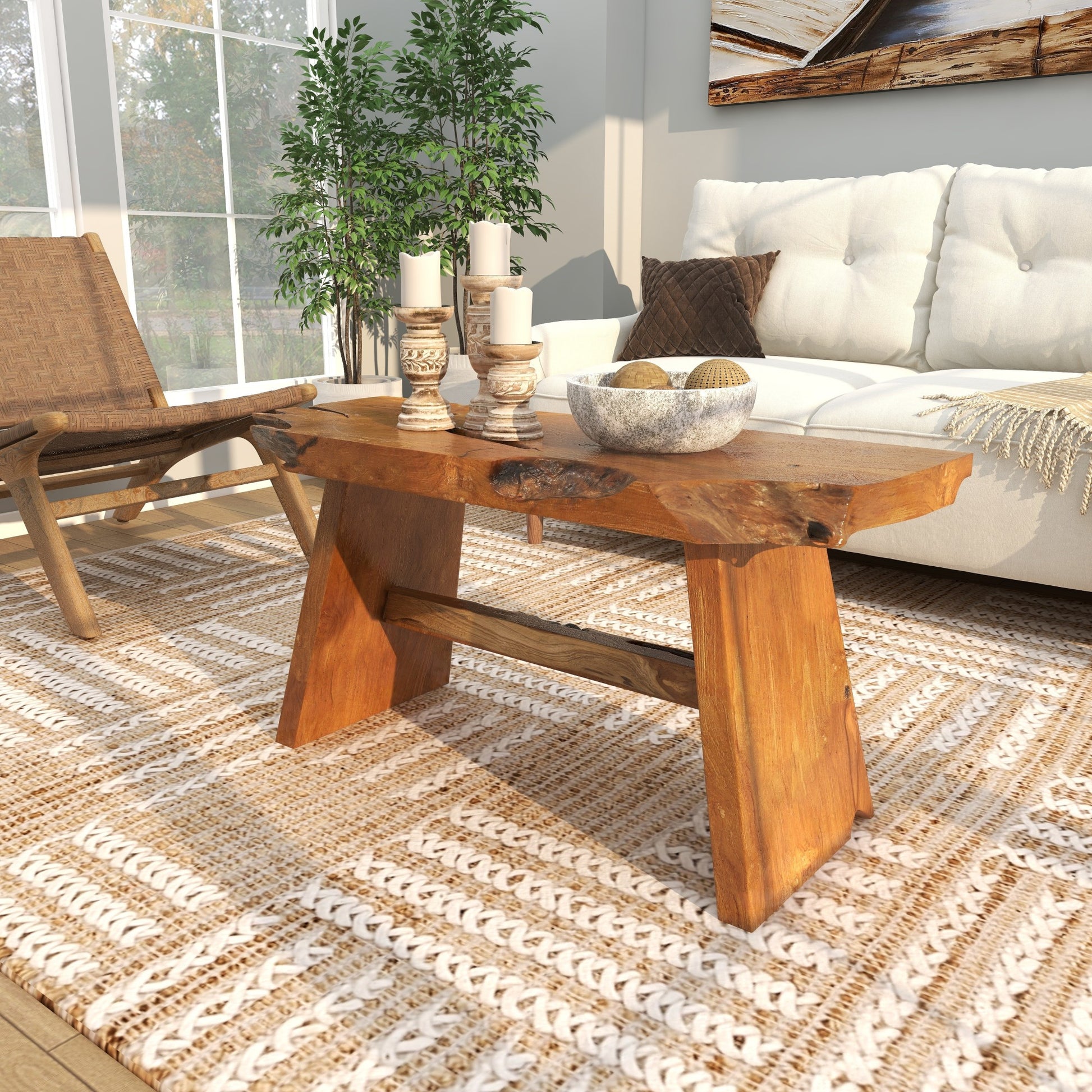 Brown Teak Wood Handmade Natural Live Edge Living Room Coffee Table with Angled Base