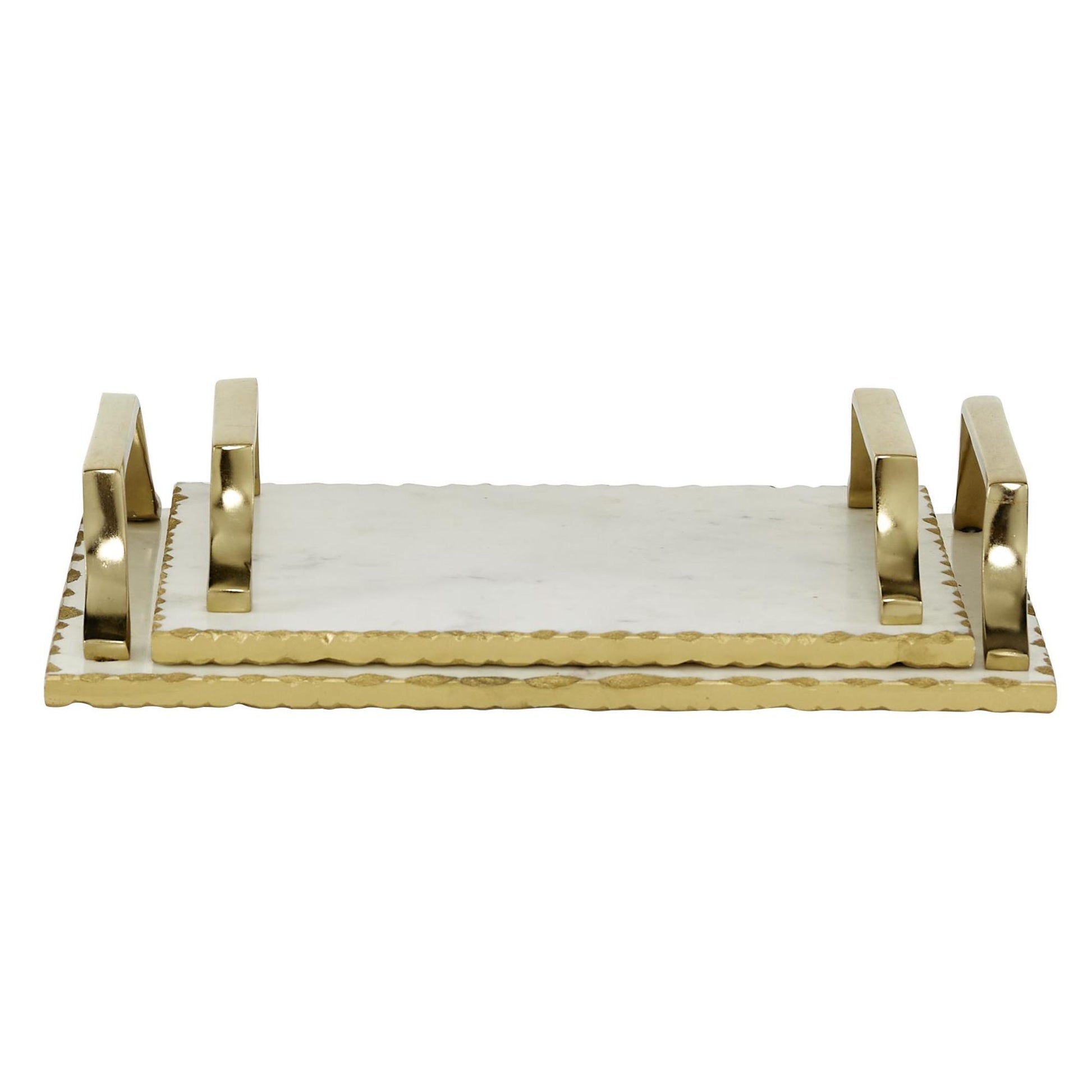 Set of 2 Marble Scalloped Living Room Decor Tray with Gold Metal Handles