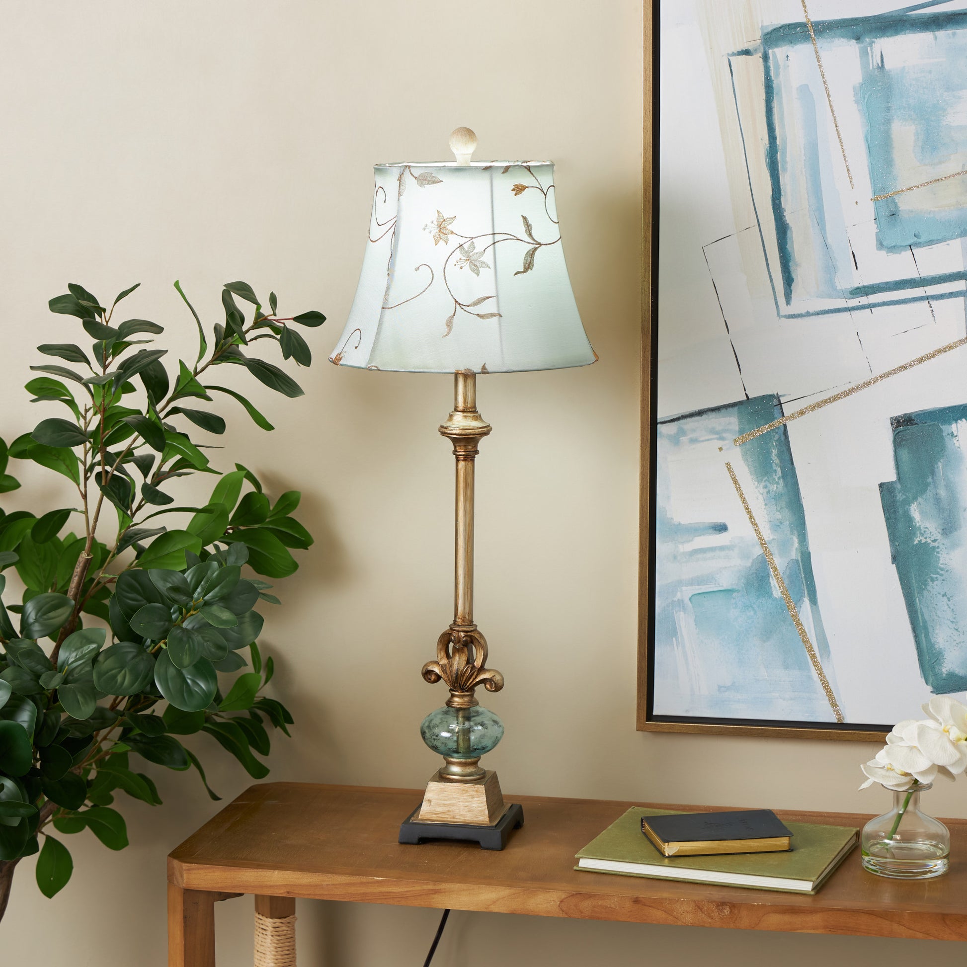 Floral Brass Polystone Antique Style Room Buffet Lamp with Tapered Shade