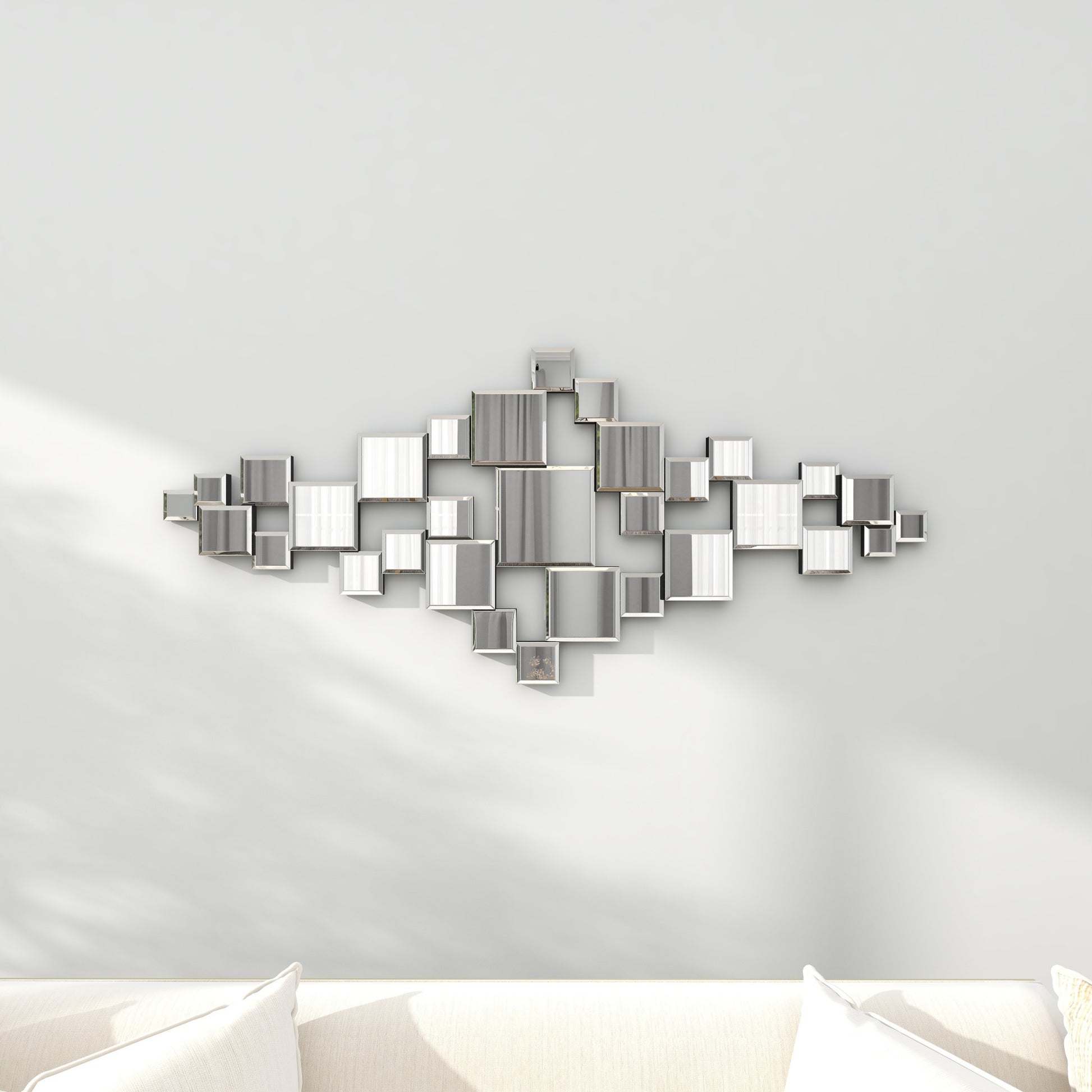 Geometric Silver Glass Slim Room Wall Mirror with Stacked Square Mirrors
