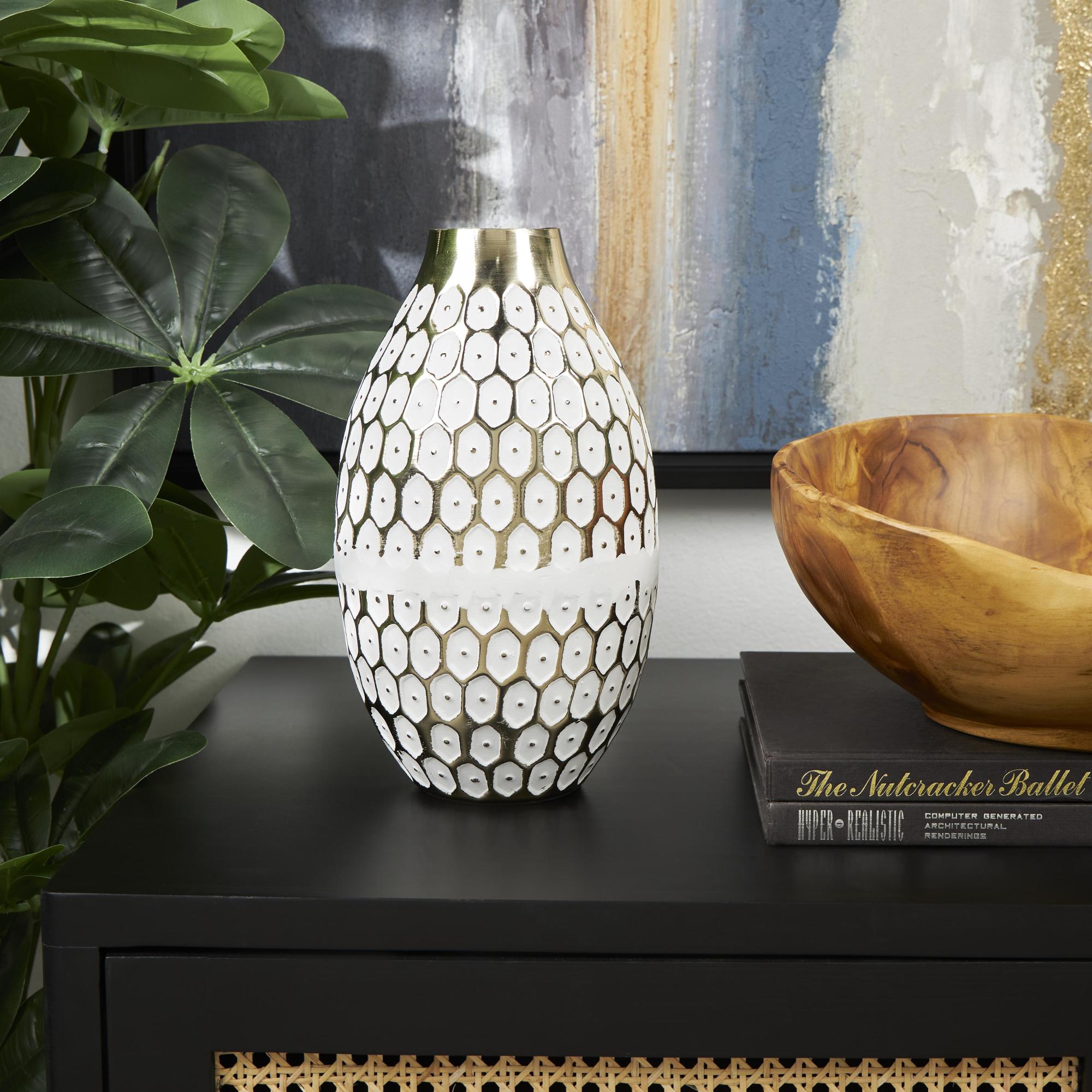 Geometric Gold Metal Geometric Dot Decorative Vase with White Accents