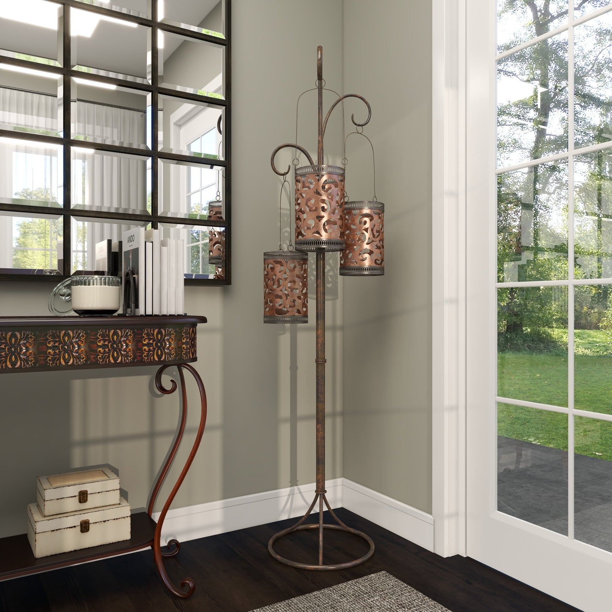 Scroll Brass Metal Perforated Moroccan Standing Floor Indoor Outdoor Candle Lantern with 3 Suspended Holders